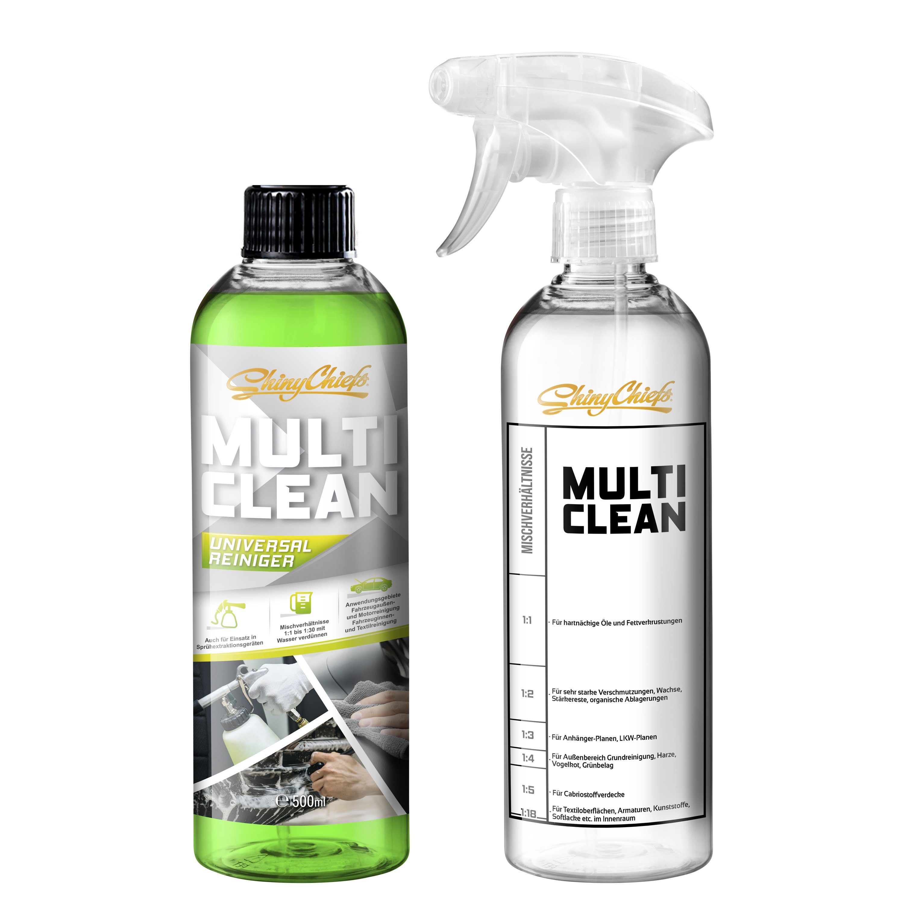 ShinyChiefs MULTI CLEAN UNIVERSALREINIGER SET mit Mischverhältnisflasche 500ml Autoshampoo | Autopflege
