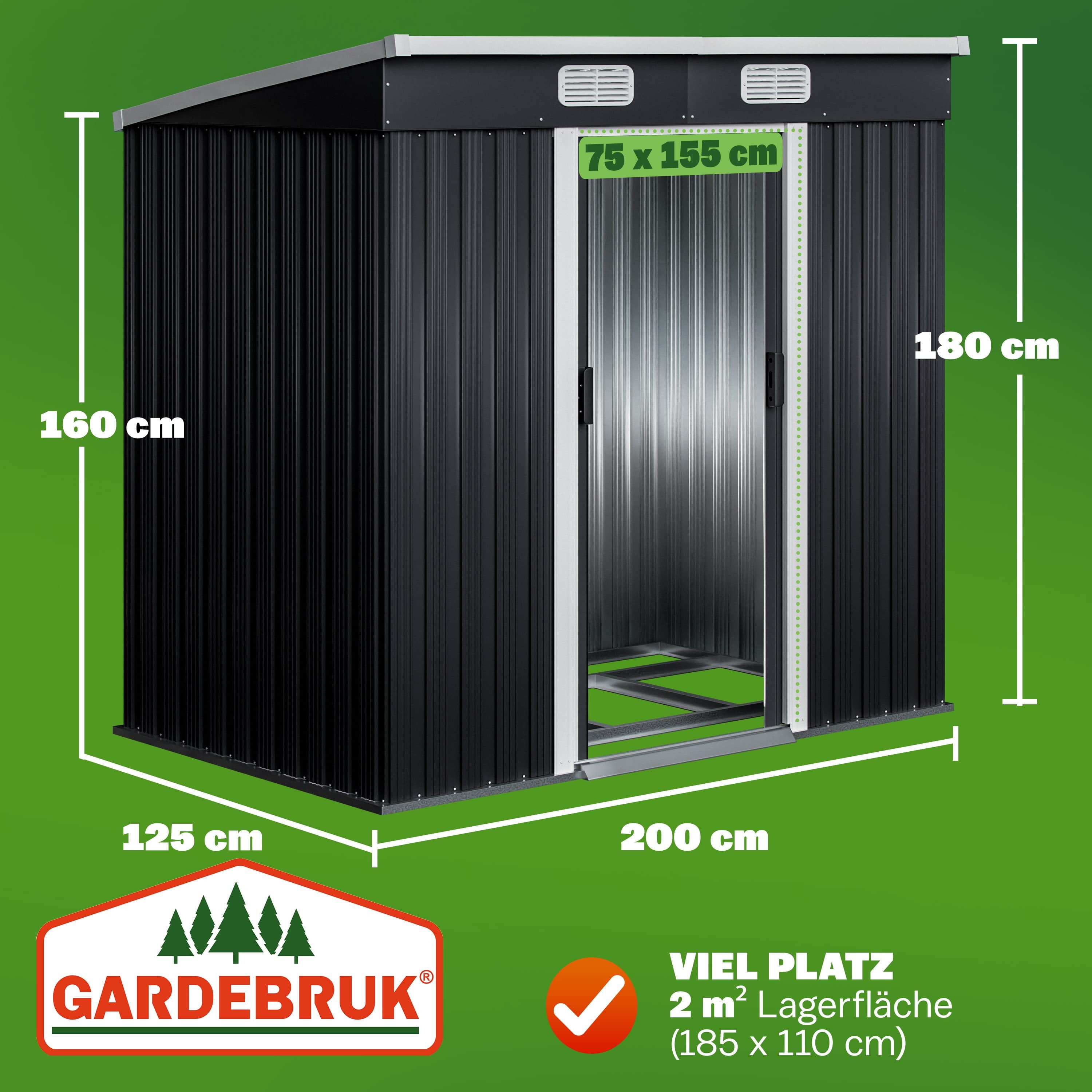 Gardebruk Gerätehaus, BxT: 122x196 cm, L Metall 2m² mit Fundament 196x122x182cm Schiebetür Anthrazit