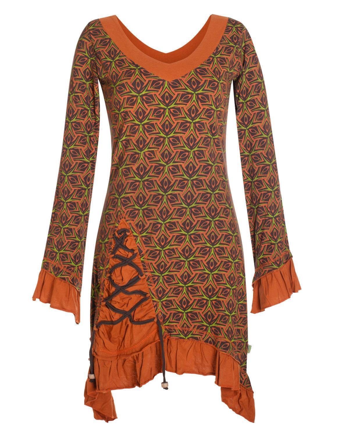 Bedruckt Festkleid Langarm Asymmetrisch Volant Elfen, Kleid Zipfelkleid Vishes braun Hippie, Rüschen