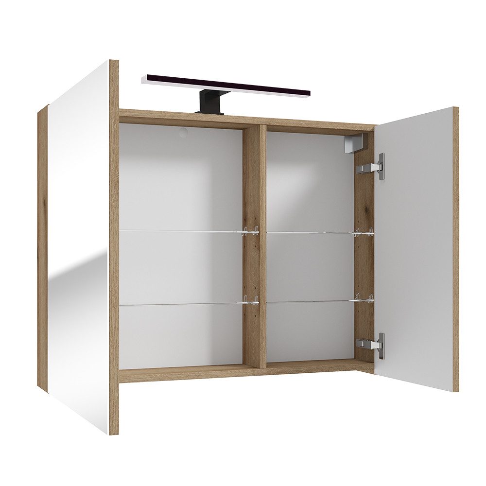 Lomadox Spiegelschrank RIVA-107 80 cm in Eiche, 2 Türen, inkl. LED Beleuchtung
