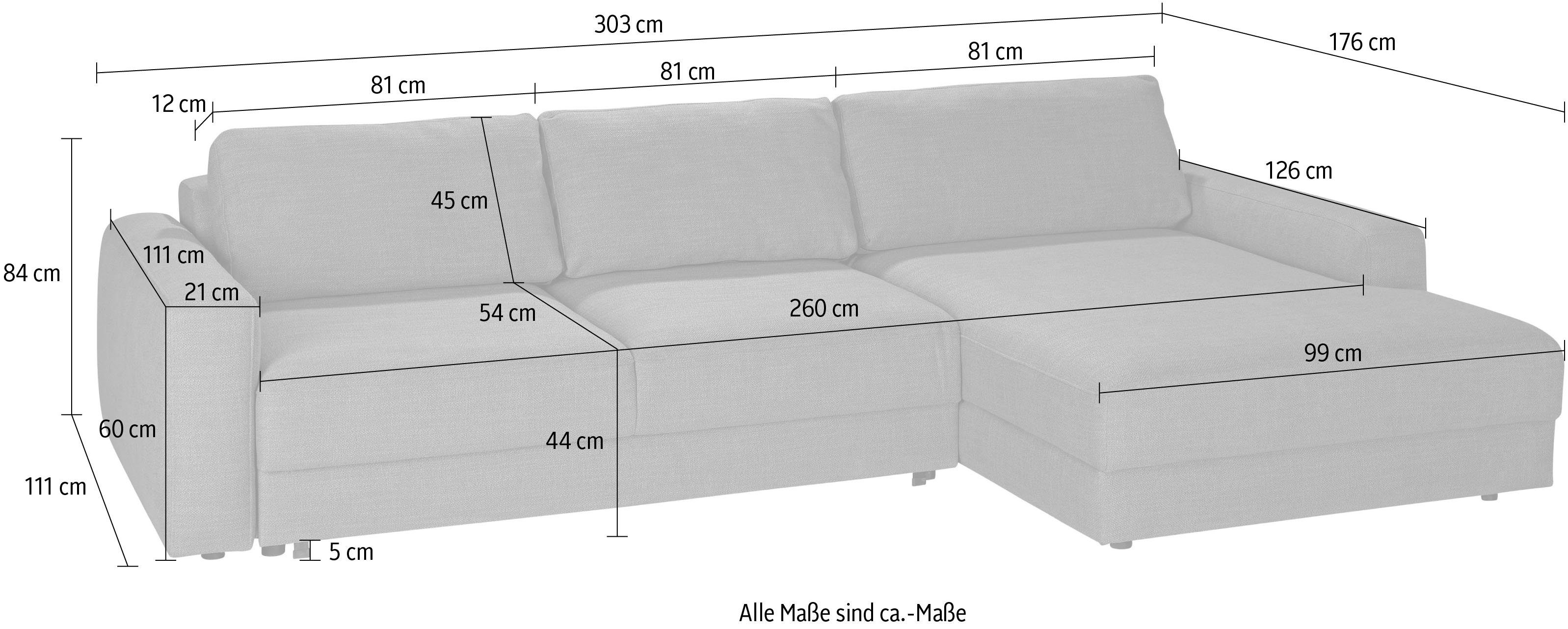 Tiefe wahlweise Bettfunktion cm mit Bourbon, taupe Ecksofa Sitzfläche und Bettkasten, TRENDMANUFAKTUR gray 54