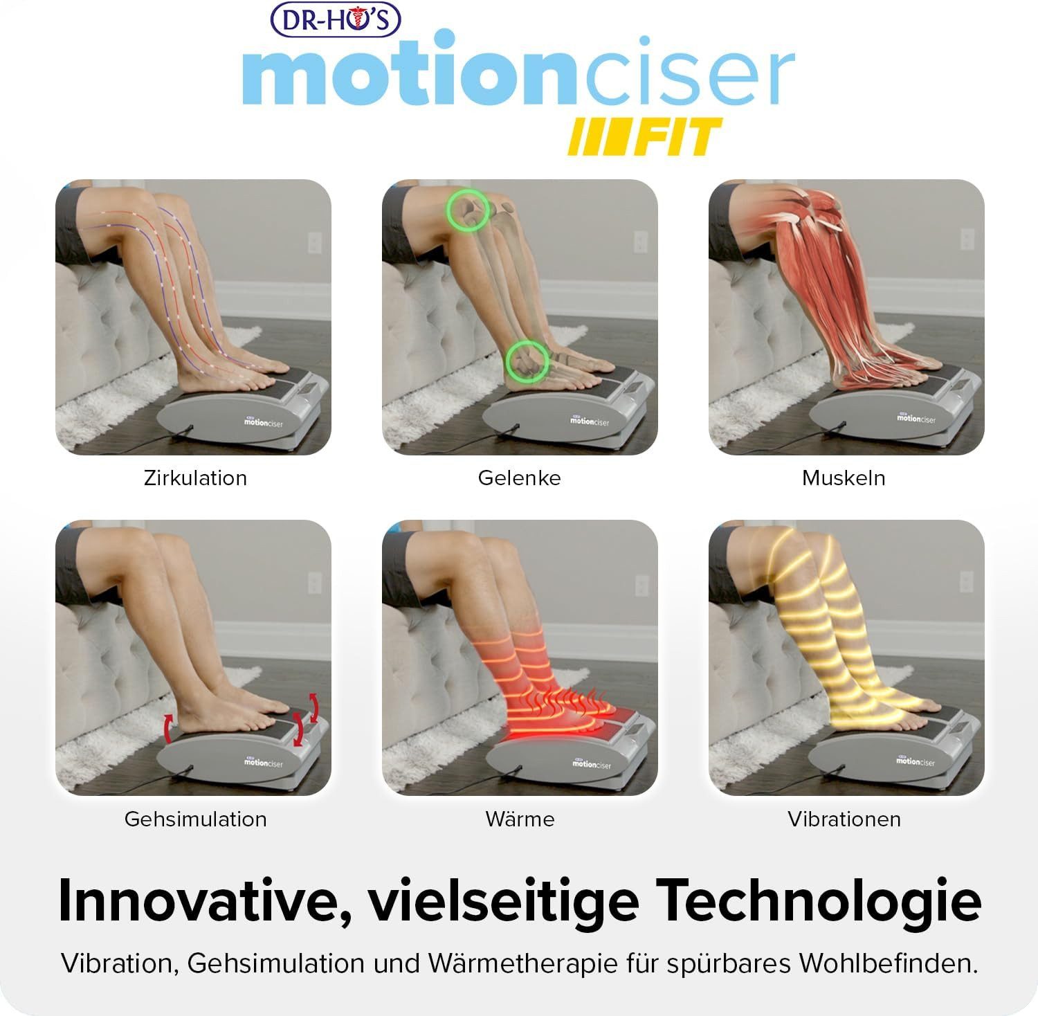 DR-HO'S Fußmassagegerät MotionCiser mit Wärmefunktion, Vibrationsfunktion und Fernbedienung, Set, mit Netzadapter, 2 Widerstandsbändern und LED-Anzeige, sanfte Geh-Simulation, 10 Vibrationsstufen und 5 Temperaturstufen