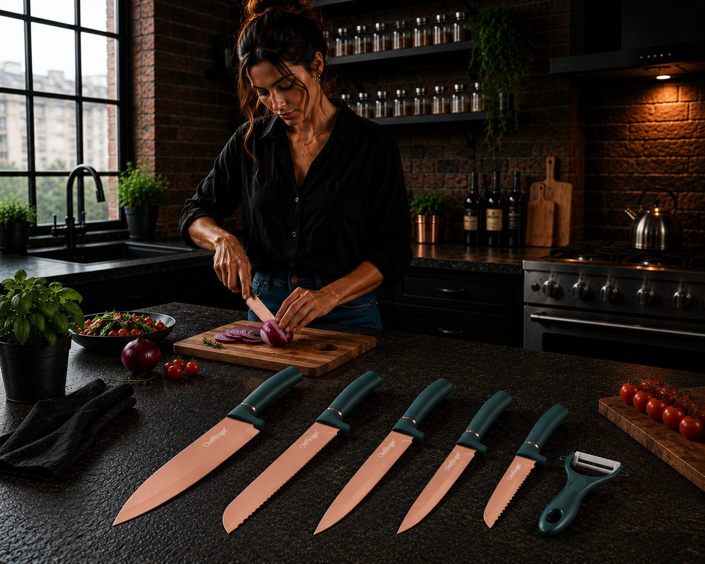 Cheffinger Messer-Set Messer Kochmesser Sparschäler Messerset 6-tlg. Cheffinger CF-MB10 Grün (Set bestehend aus 5 Messern und 1 Sparschäler)