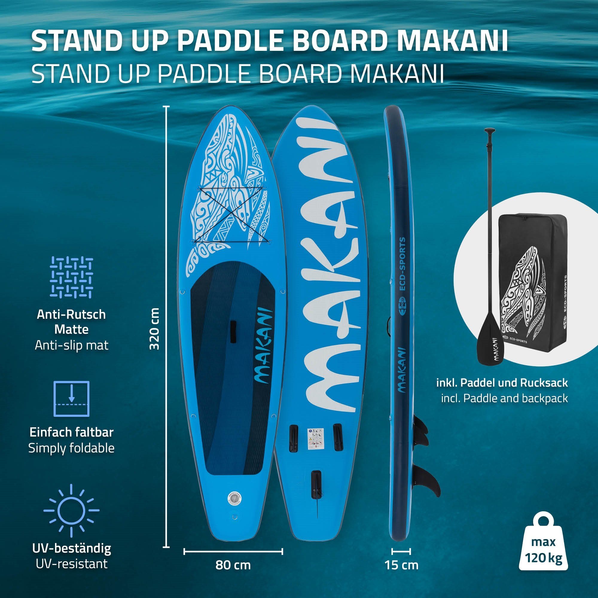 ECD Germany Board 320x82x15cm Stand Aufblasbares Paddle Tragetasche SUP-Board PVC Makani Up kg Zubehör bis Blau Pumpe Surfboard, 150
