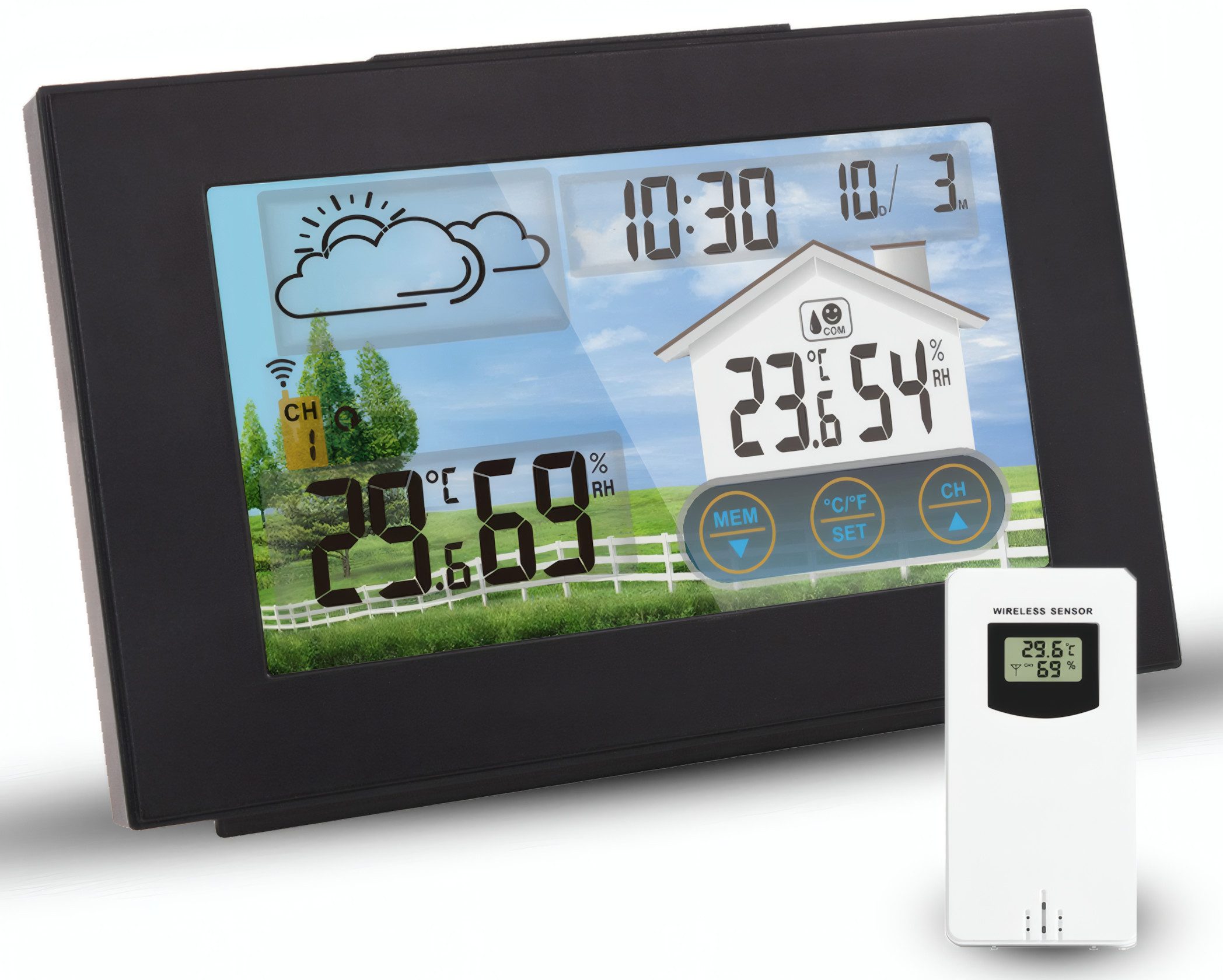 Fyrove, Wetterstation Funk mit Außensensor Wetterstation (mit Wettervorhersage, Innen und Außen Temperatur / Luftfeuchte, Farbdisplay, Wecker mit Schlummerfunktion, für Zuhause Büro Hausgarten)