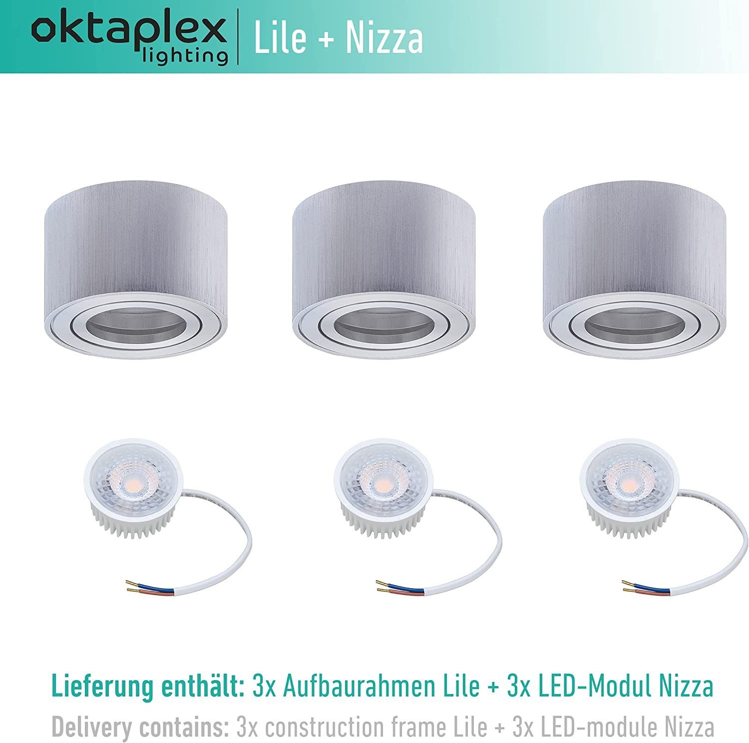 Oktaplex lighting LED Deckenstrahler 3 Stück Set Aufbauspots inkl. LED  Module 4,8W 380 Lumen, 3-Step Dimmung, Leuchtmittel wechselbar, warmweiß,  2700 Kelvin 230V 30° schwenkbar Höhe 50mm Alu gebürstet