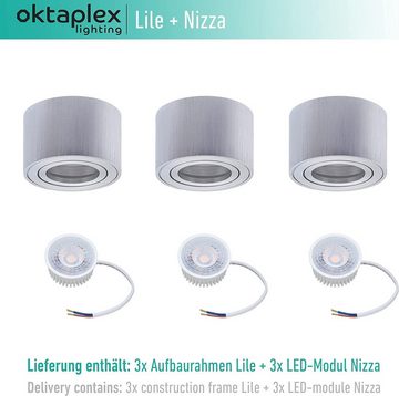 Oktaplex lighting LED Deckenstrahler 3 Stück Set Aufbauspots inkl. LED Module 4,8W 380 Lumen, schwenkbar, Leuchtmittel wechselbar, warmweiß, 3000 Kelvin 230V Höhe 50mm Alu gebürstet