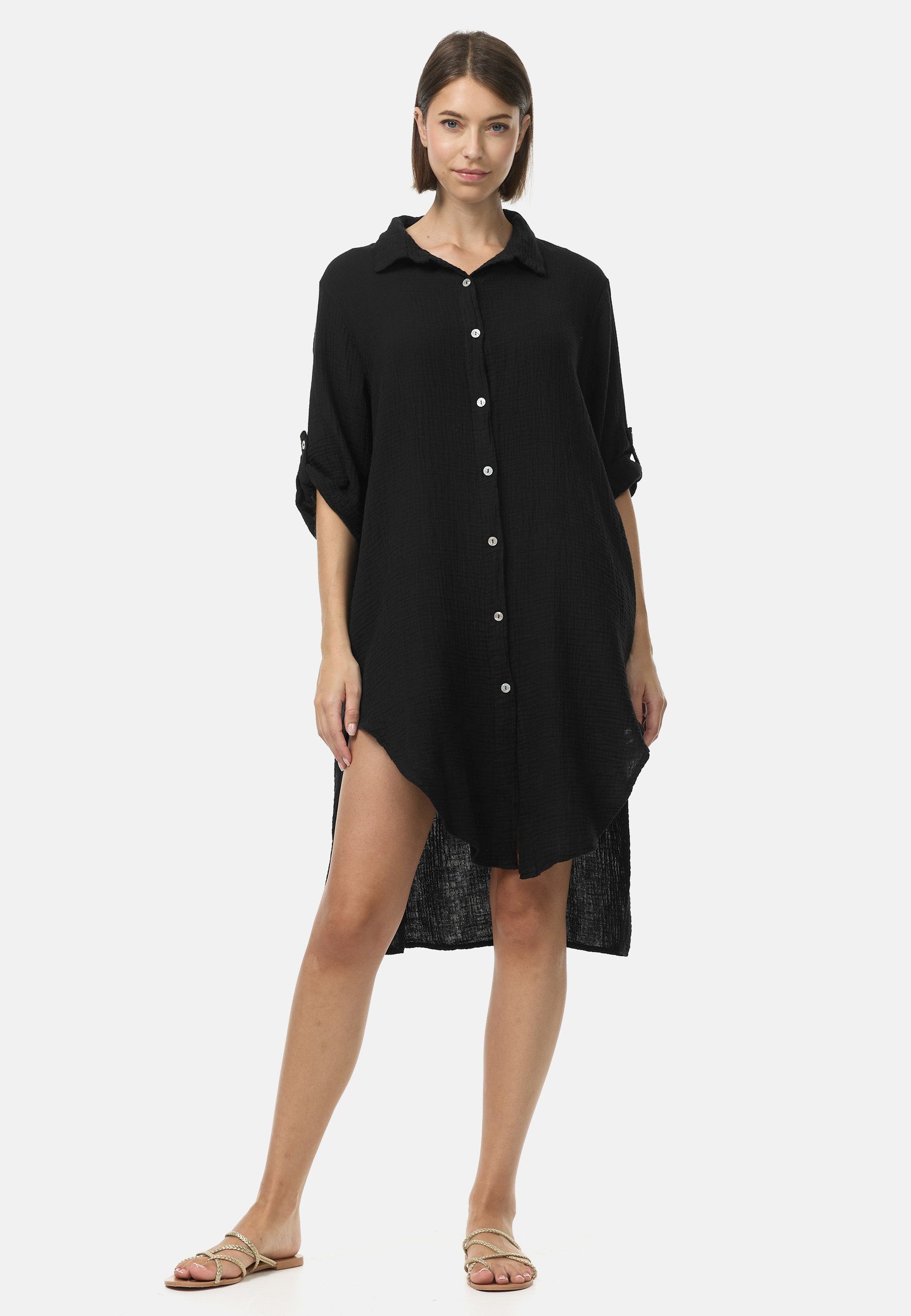 Rayshyne Longbluse PM50 (Trendige Musselin Longbluse Tunika) Perlmuttknöpfe, Atmungsaktiv, Hautfreundlich