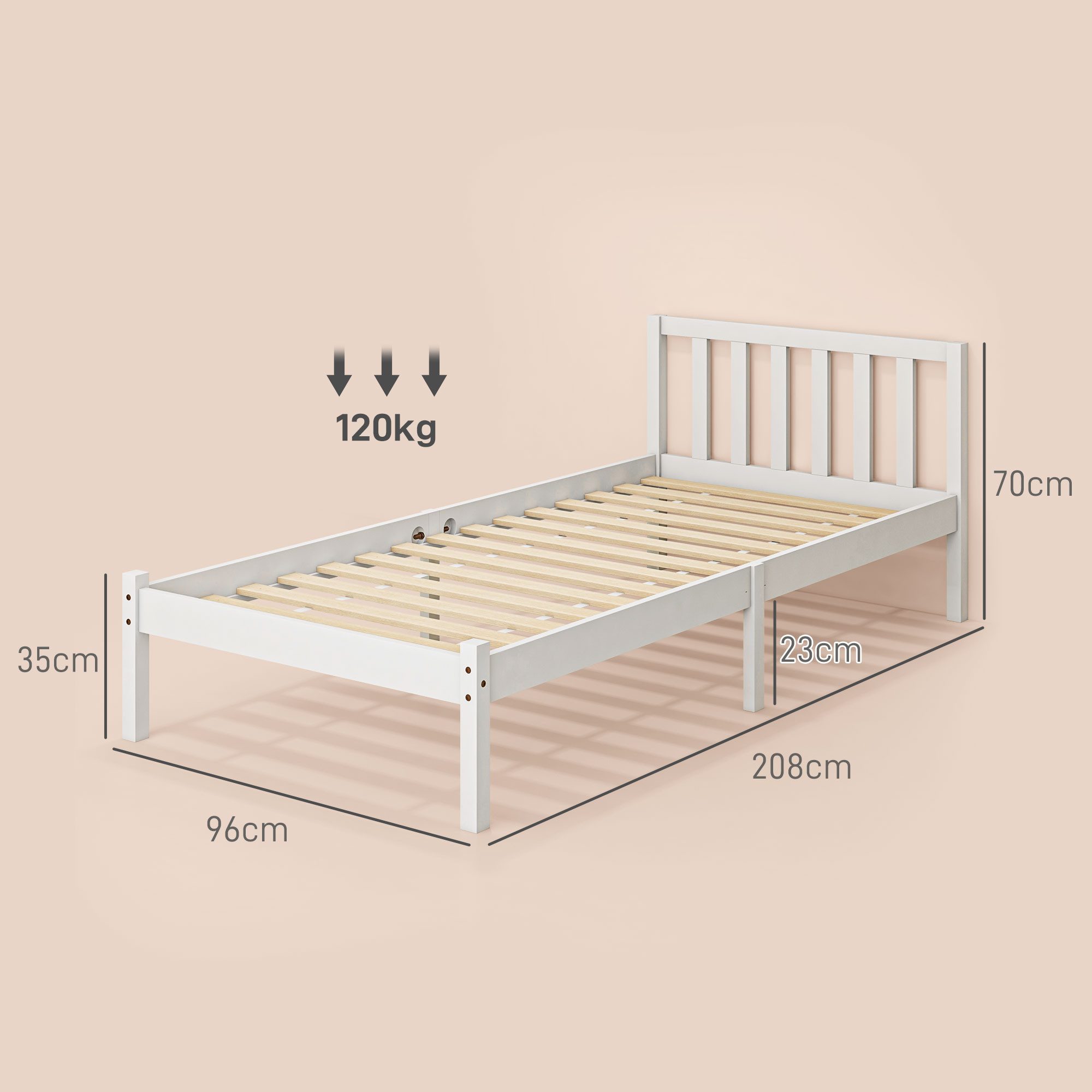 HOMCOM Bettgestell Bettrahmen Holzbett 208x96 cm, mit Kopfteil, für Schlafzimmer (Bettkasten, 1-tlg., Einzelbettgestell), für Wohnzimmer,Weiß – Bild 3 von 5