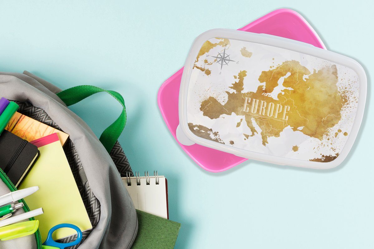 Europa Kinder, Brotdose für - Gold, Brotbox Erwachsene, Lunchbox Weltkarten Mädchen, rosa - MuchoWow (2-tlg), Kunststoff, Kunststoff Snackbox,