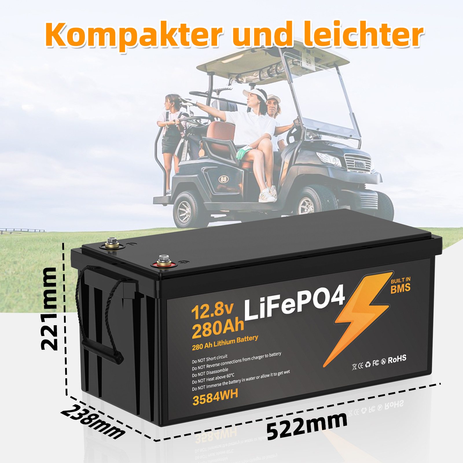 Blossom Akku 12,8V 280Ah Lithium-Eisenphosphat Akku mit Smart BMS IP67 LiFePO4 Batterie, wasserdicht Lithium Akku 3584Wh 3000+ Zyklen für Solaranlage Camping