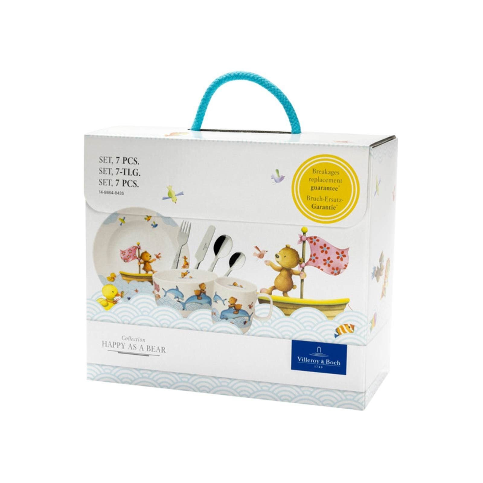 Villeroy & Boch Kindergeschirr-Set Happy as a Bear Kindergeschirr 7er Set (7-tlg), 1 Personen, Porzellan, Besteck aus Edelstahl