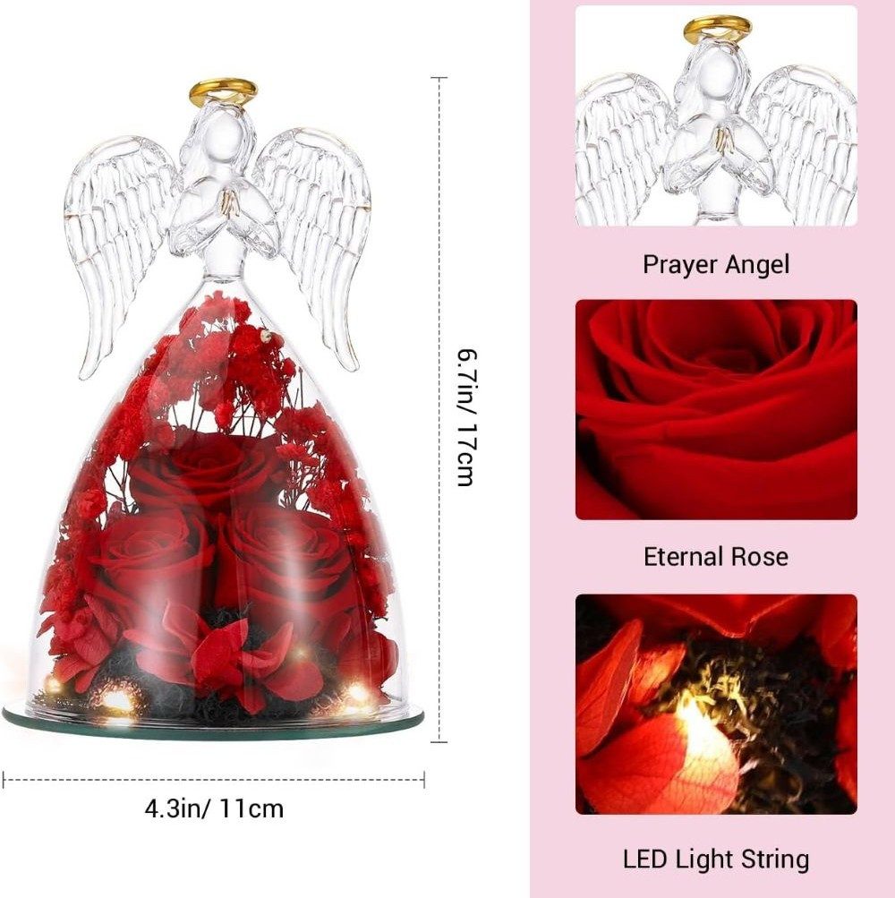 Kunstblume Engel-Glasfigur mit ewiger Rose – drei rote Rosen, LED-Lichter, Tidy