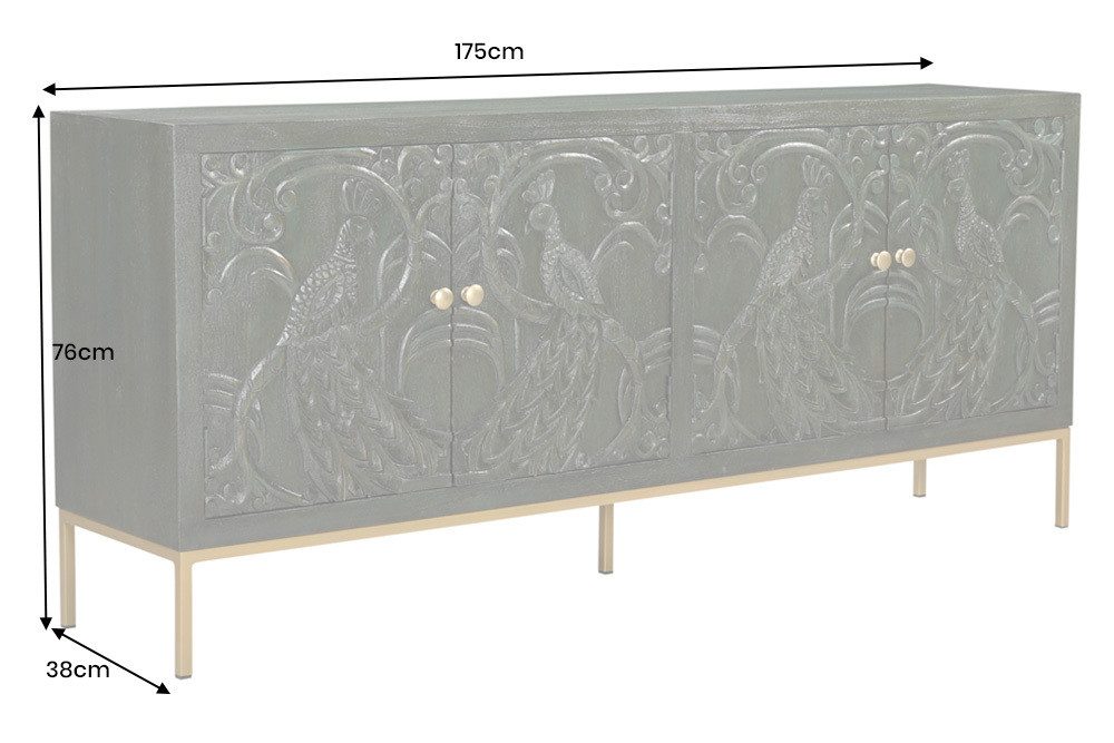 riess-ambiente Sideboard PEACOCK 175 cm grün / gold – Massivholz, Antik-Optik, 3D-Schnitzerei (Einzelartikel, 1 St), massiver Schrank mit Pfau-Design – ideal fü – Bild 4 von 5