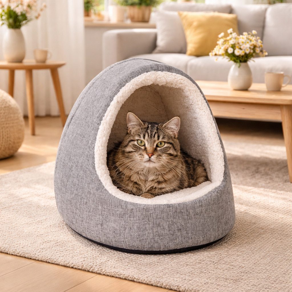 belviona Tierhöhle für Katzen & kleine Hunde, waschbar & weich, hellgrau, Katzenhöhle mit Wendekissen & rutschhemmender Unterseite