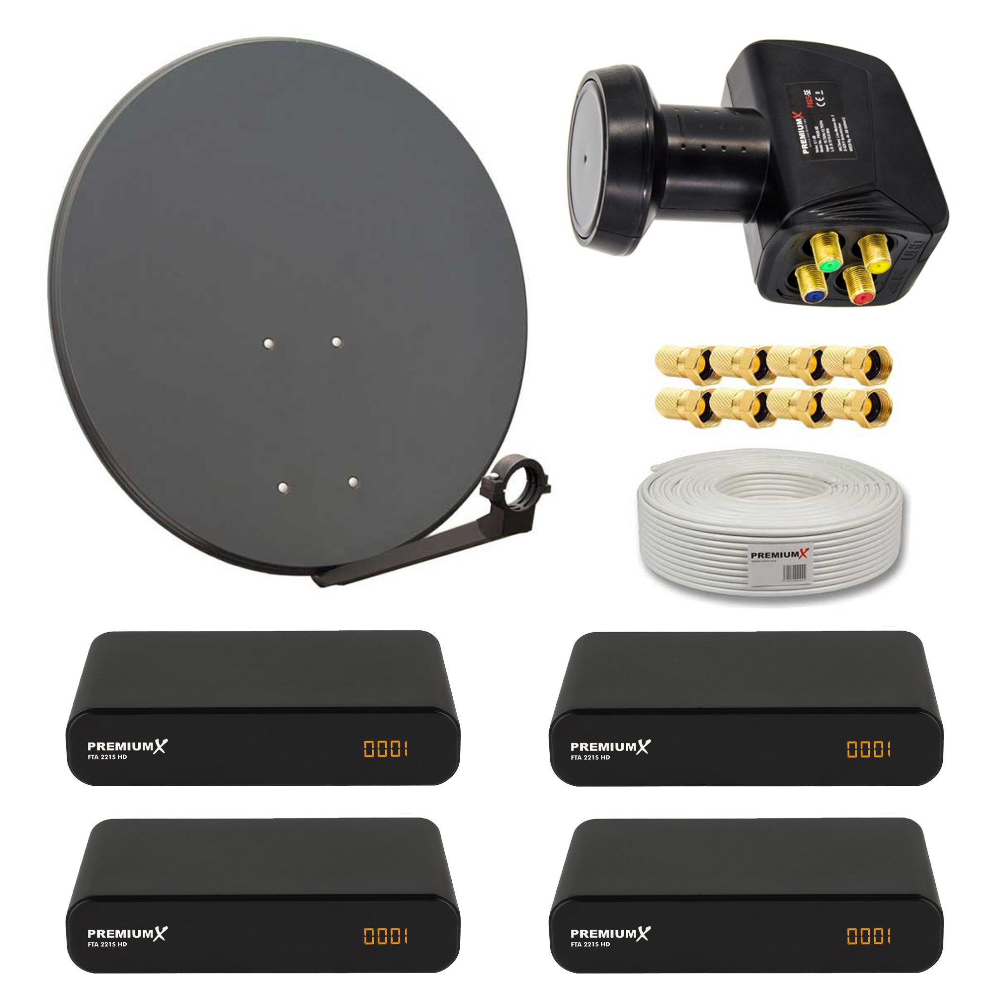 SAT Anlage 60cm Antenne Quad LNB 50m Kabel 4x HDTV Receiver SAT-Antenne