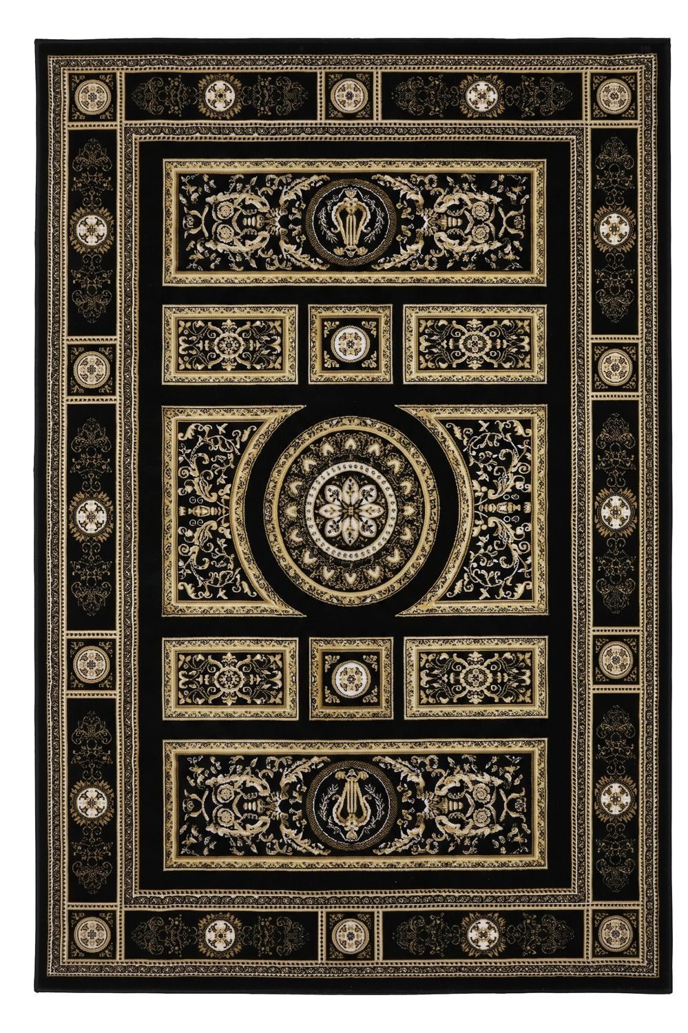 Vimoda Orientteppich Kurzflor Schwarz & Gold, Wohnzimmerteppich mit Ornament Muster, Rechteckig, Höhe: 8 mm, Bordüre, pflegeleichter Wohnzimmerteppich, schlafzimmer