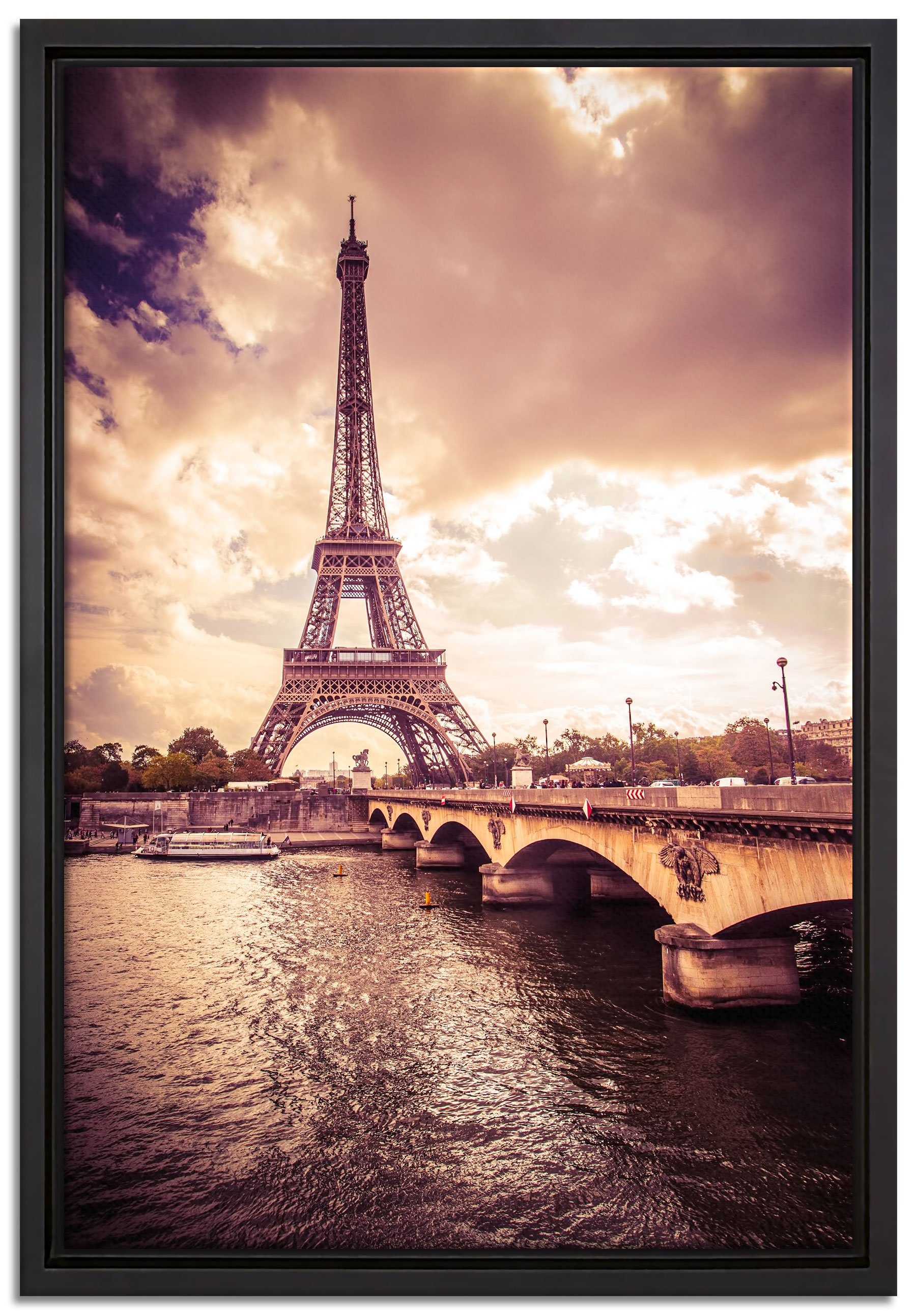 Paris, inkl. Schattenfugen-Bilderrahmen Pixxprint Wanddekoration Leinwandbild (1 Leinwandbild in bespannt, Zackenaufhänger gefasst, St), fertig in einem Eiffelturm