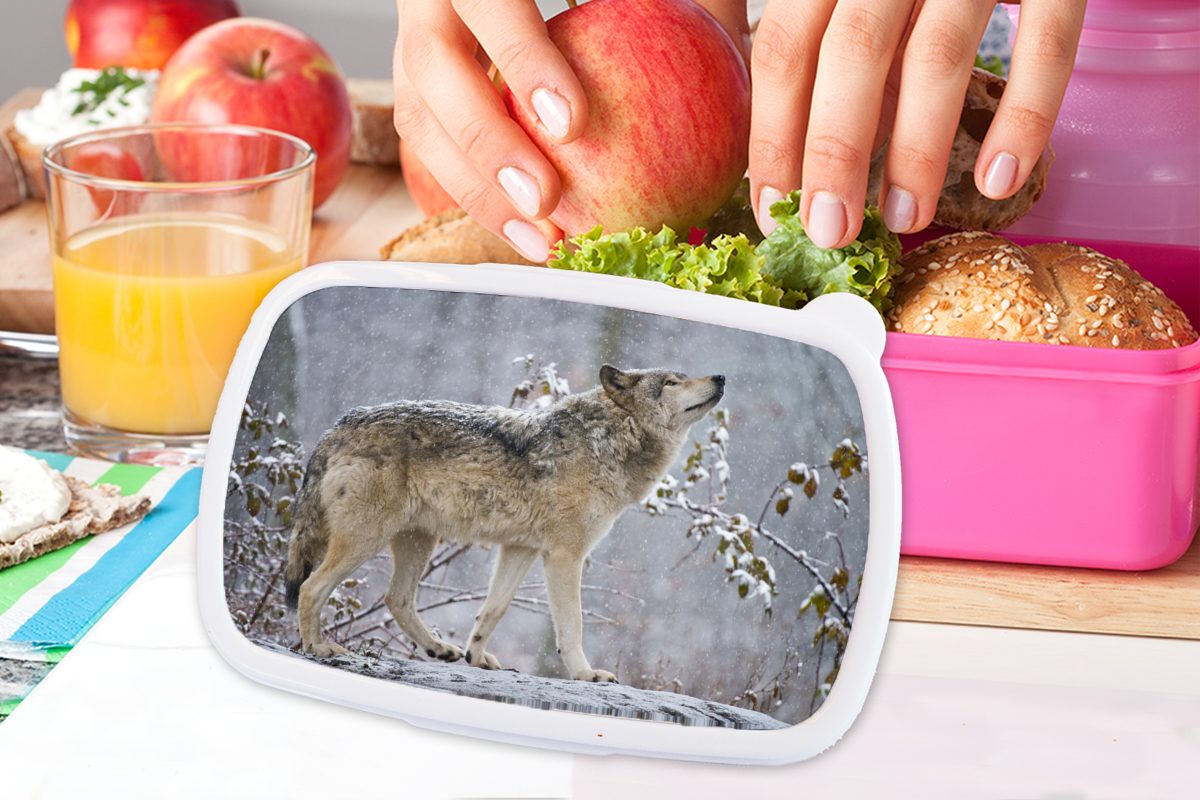 MuchoWow Lunchbox Wolf - Mädchen, für Kunststoff rosa Brotdose (2-tlg), Brotbox Kinder, Kunststoff, Winter Erwachsene, - Snackbox, Schnee