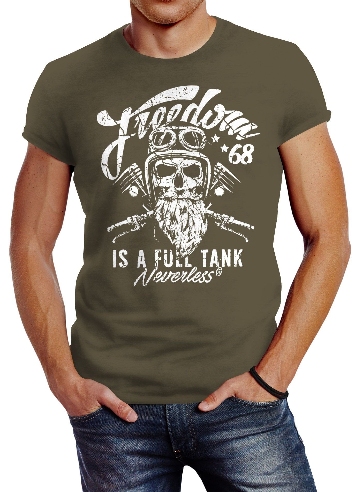 Neverless Print-Shirt Herren T-Shirt Biker Motorrad Motiv Freedom is a full Tank Skull Totenkopf Slim Fit Neverless® mit Print grün