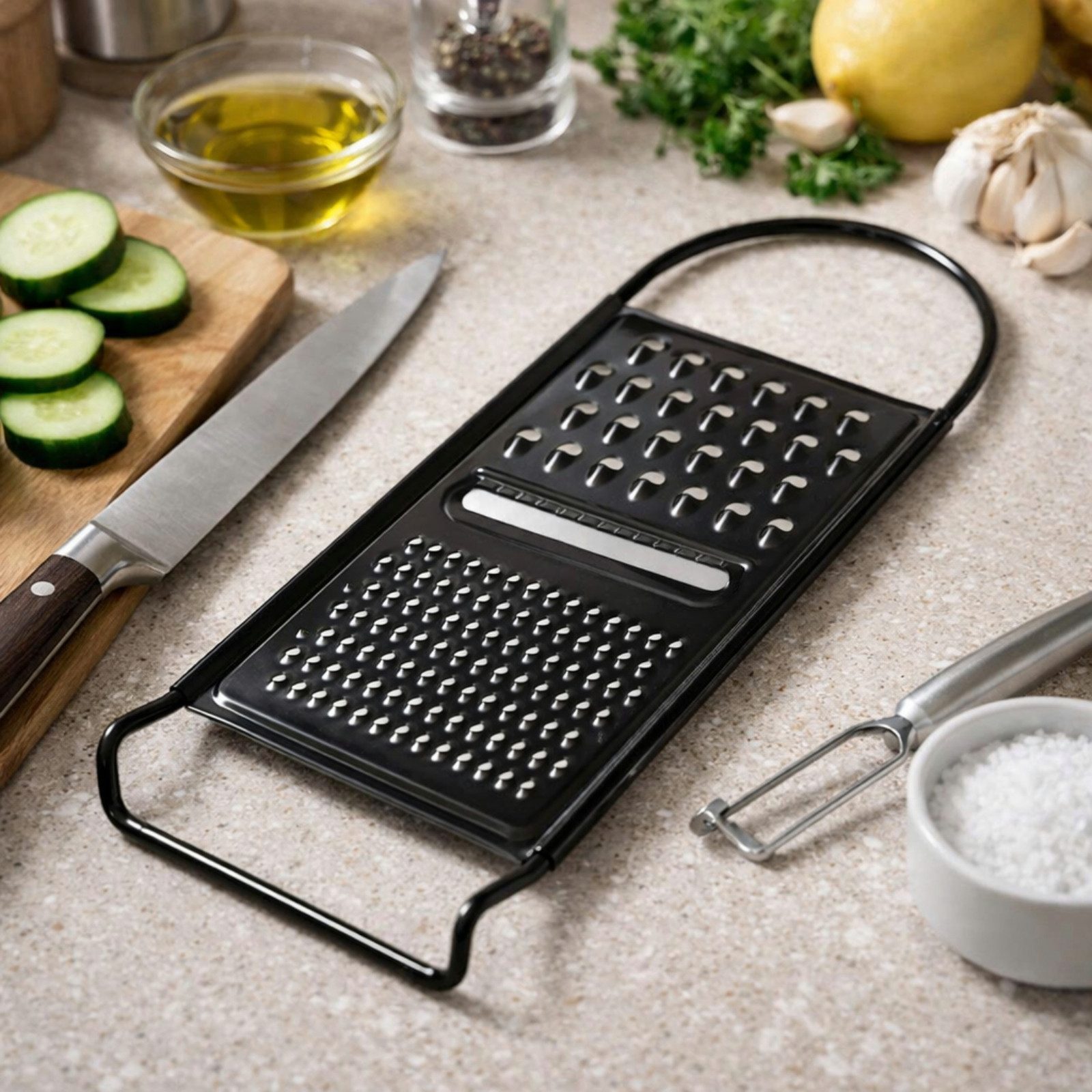 Koopman Küchenreibe Käsereibe Reibe Handreibe 28,5x11cm Metall Schwarz, Stahl, (1-St), Haushalt, Rostfrei, Küchenutensil, versch. Reibearten, Flach