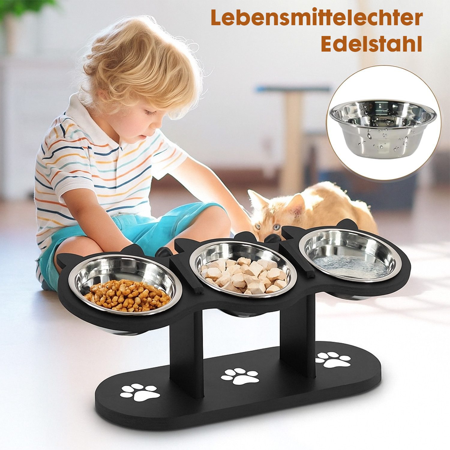 Refined Living Futternapf Katzennapf Erhöht Superdesign 15 Grad Neigung Hundenapf Erhöht, Napf-Set, Höhenverstellbarer Futternapf-Ständer 3 Edelstahlschalen