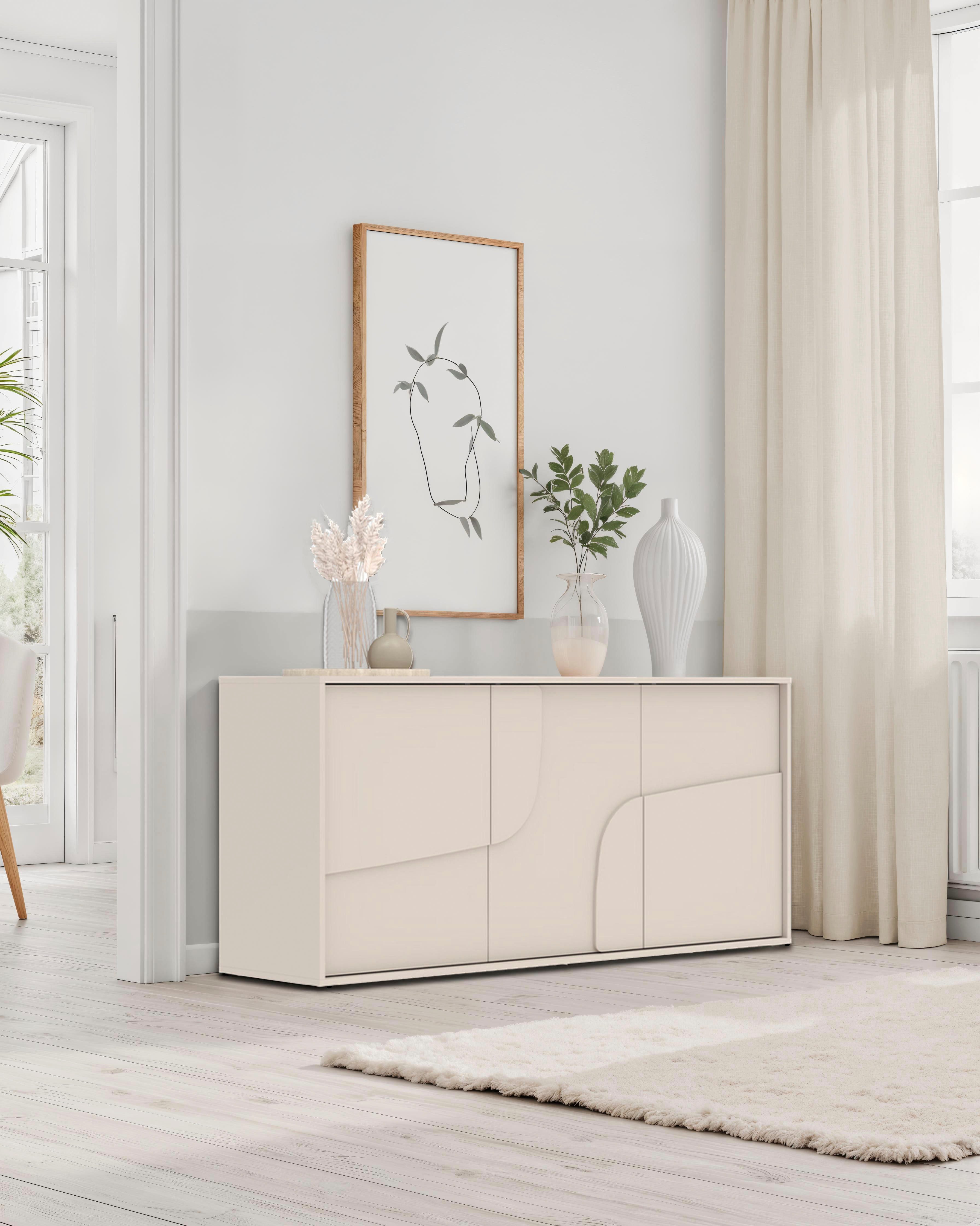 OTTO home Sideboard Stone, 155 cm breit, 3 Türen, Anrichte, Kommode, Stauraumschrank, 3D-Design, Push-to-open, Innenraum großzügig, Füße 14/2 cm wählbar