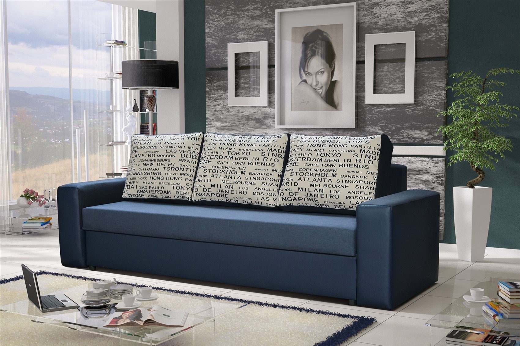 Fun Möbel Schlafsofa Sofa Designersofa LEEDS 3-Sitzer, inkl. 3 Rückenkissen, inkl. Schlaffunktion mit Bettkasten Blau