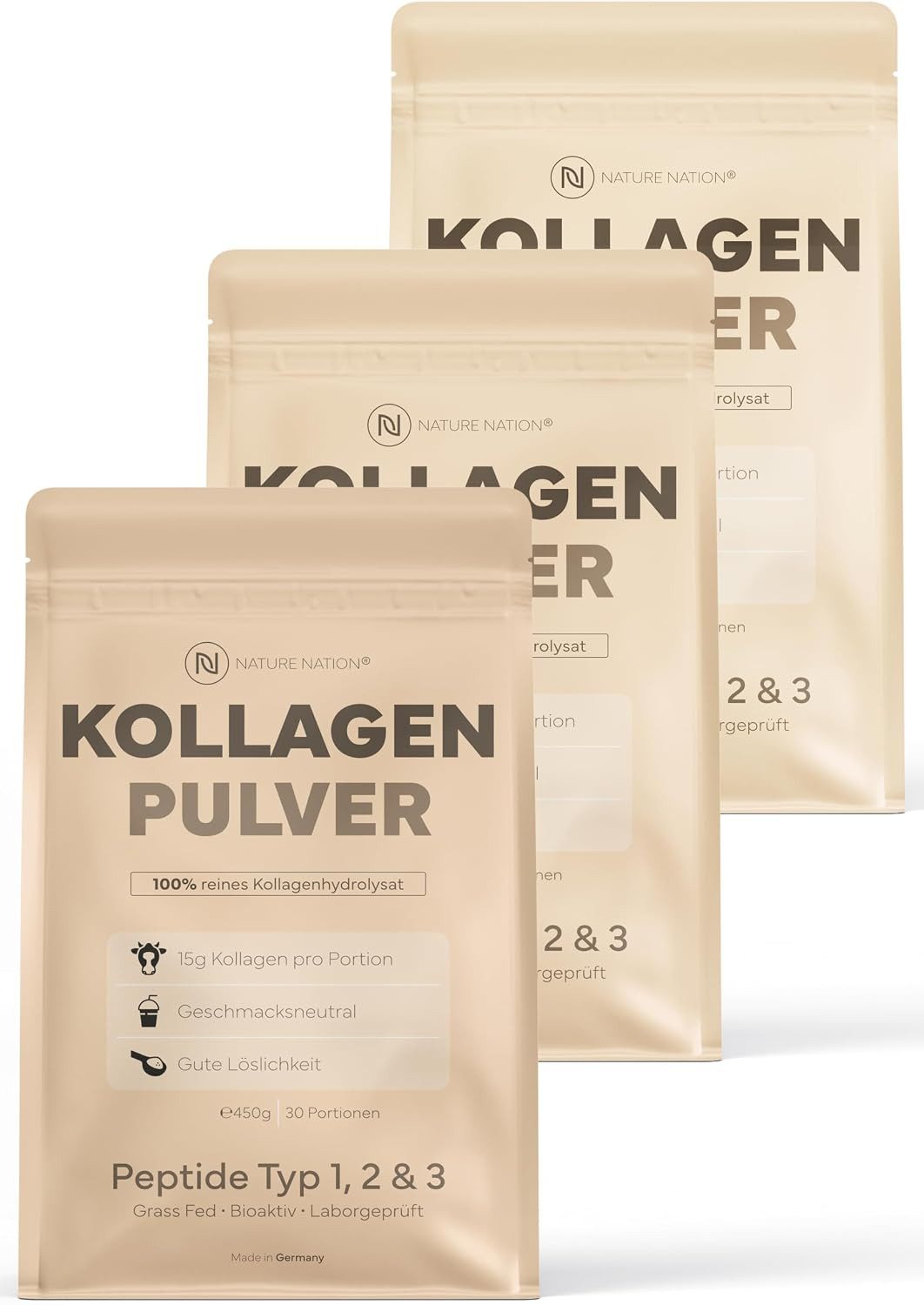 NATURE NATION Kollagen Pulver pur: 100% Collagen Hydrolysat, Peptide Typ 1, 2 & 3 Pulver, 1 er 1350 g, Mit Peptide Typ 1, 2, 3