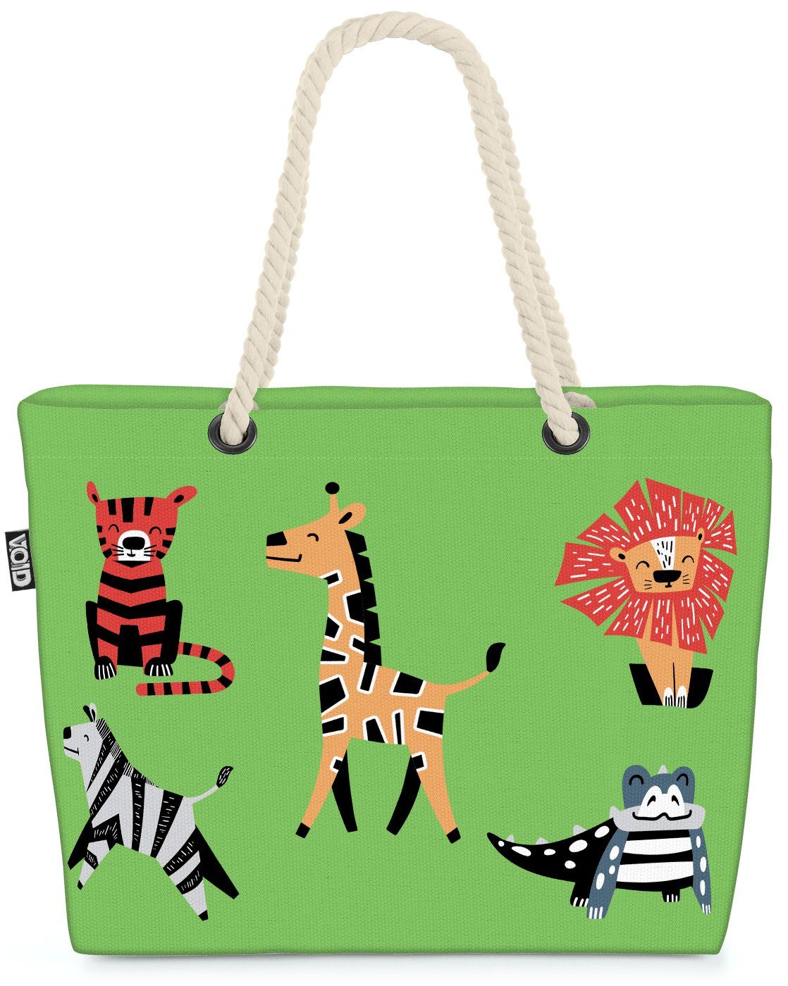 VOID Strandtasche (1-tlg), Zootiere grün Beach Bag Zoo Tiere Kinder Löwe Tiger Krokodil Zebra Giraffe