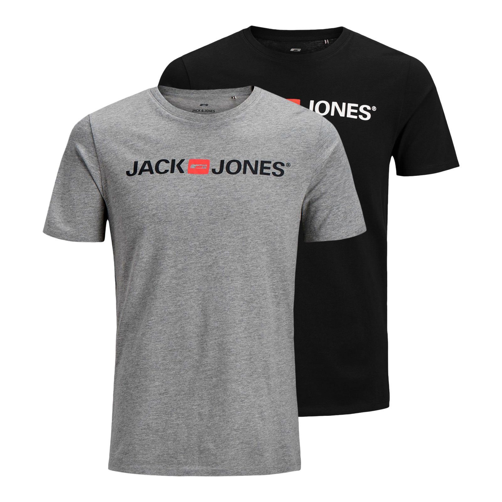 Jack & Jones T-Shirt 2er Pack Logo Tee Crew Neck mit Markenschriftzug black / light grey mel.