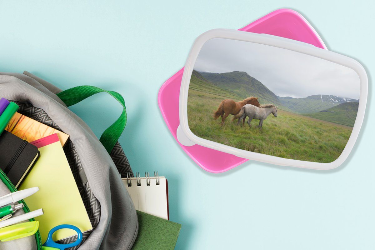 - MuchoWow Kunststoff rosa Kinder, (2-tlg), Mädchen, Pferde - Brotdose Berge, Snackbox, Erwachsene, Gras Brotbox Lunchbox Kunststoff, für