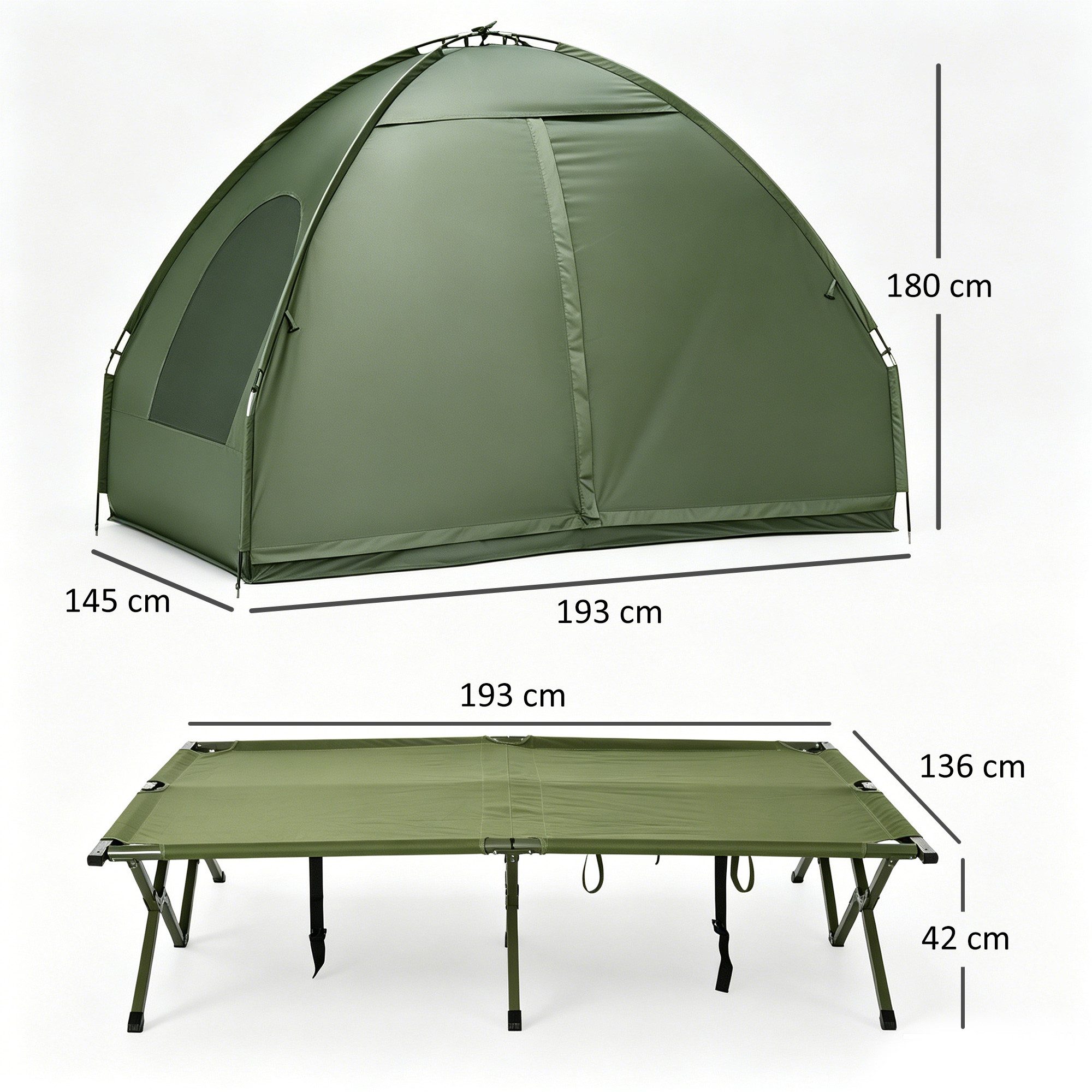 Outsunny Faltzelt Campingzelt-Set mit Feldbett, Personen: 2 (Kuppelzelt, 1 tlg., Campingbett), für Garten, Balkon, Grün