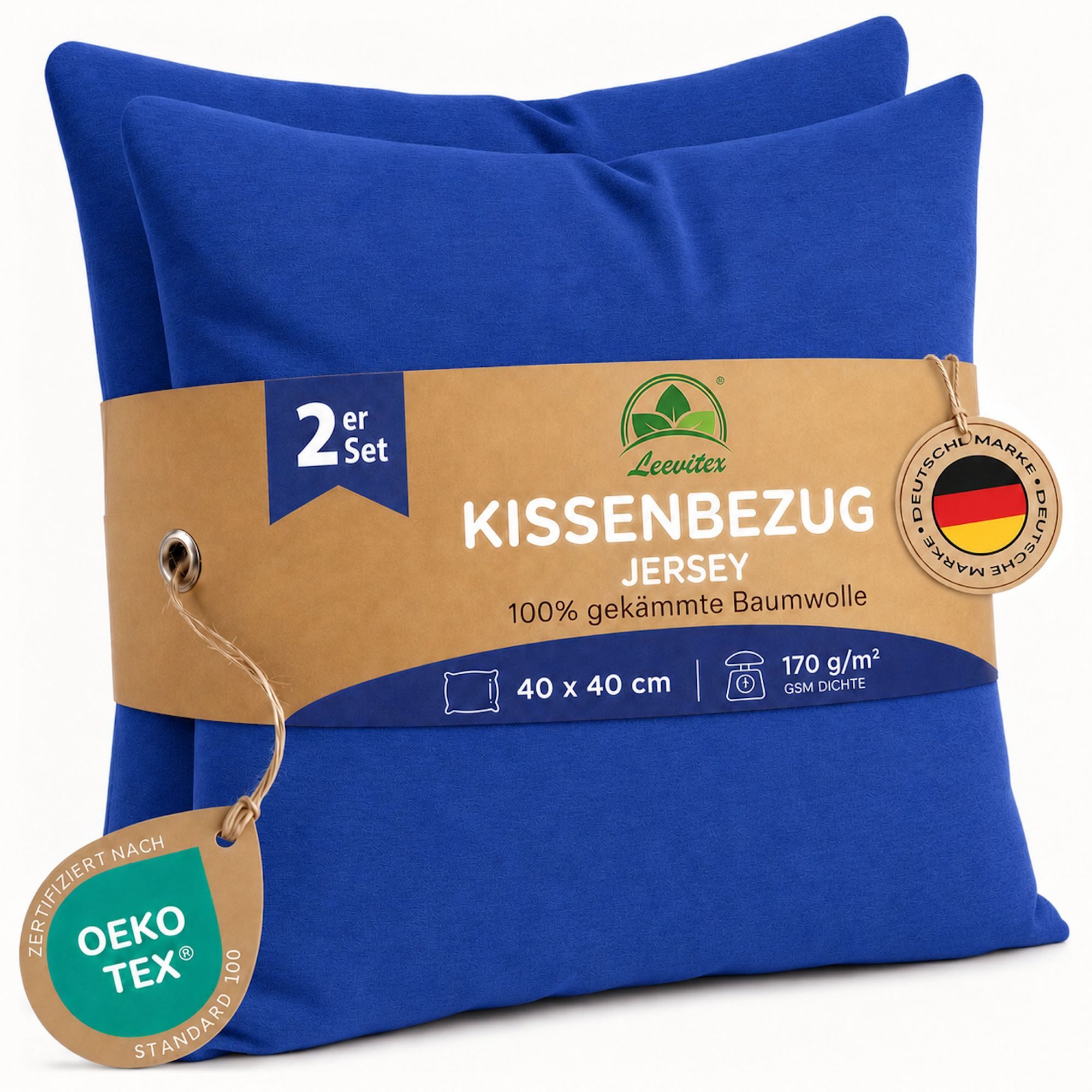 leevitex® Kissenbezüge Kissenbezug 40 x 40 cm, 2er Set, Royalblau/Königsblau, (2 Stück), feine Jersey-Qualität, 100% Baumwolle, robuster Reißverschluss