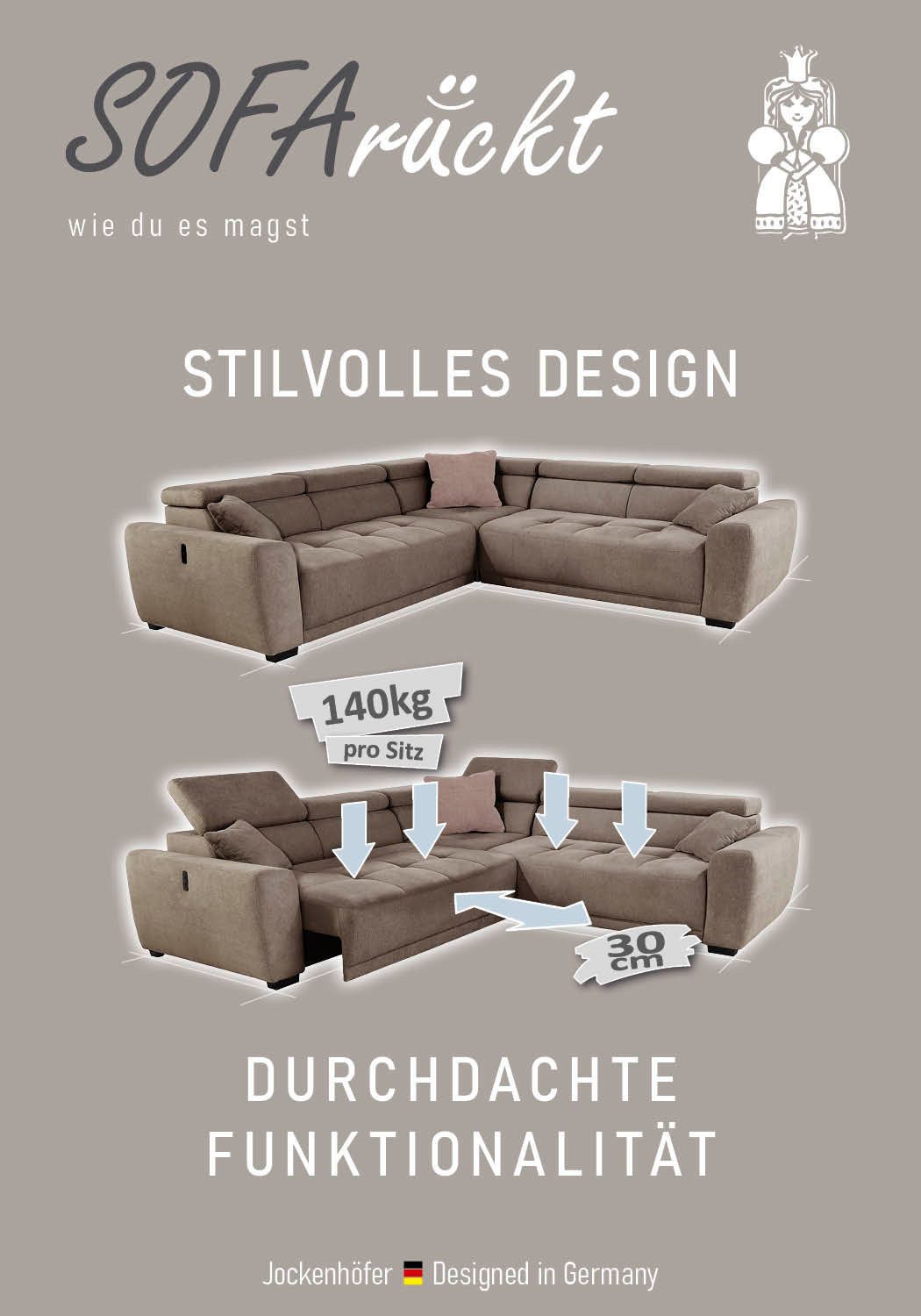 Jockenhöfer Gruppe Wohnlandschaft Monza L-Form, B: 292x292 cm, mit 30 cm elektr. Sitztiefenverstellung, 140kg Belastbarkeit je Sitz, Kopfteilverstellung & USB-Anschluss