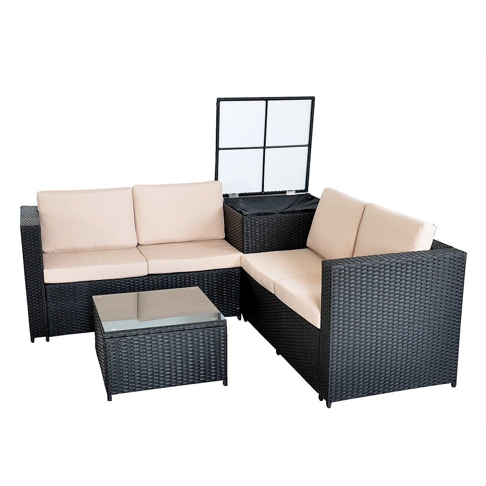 mit (Set, schwarz Gartenlounge-Set Sitzgarnitur Auflagenbox Polyrattan | Sicherheitsglasplatte Beige Gartengarnitur, 2-tlg), Mucola Sitzgruppe
