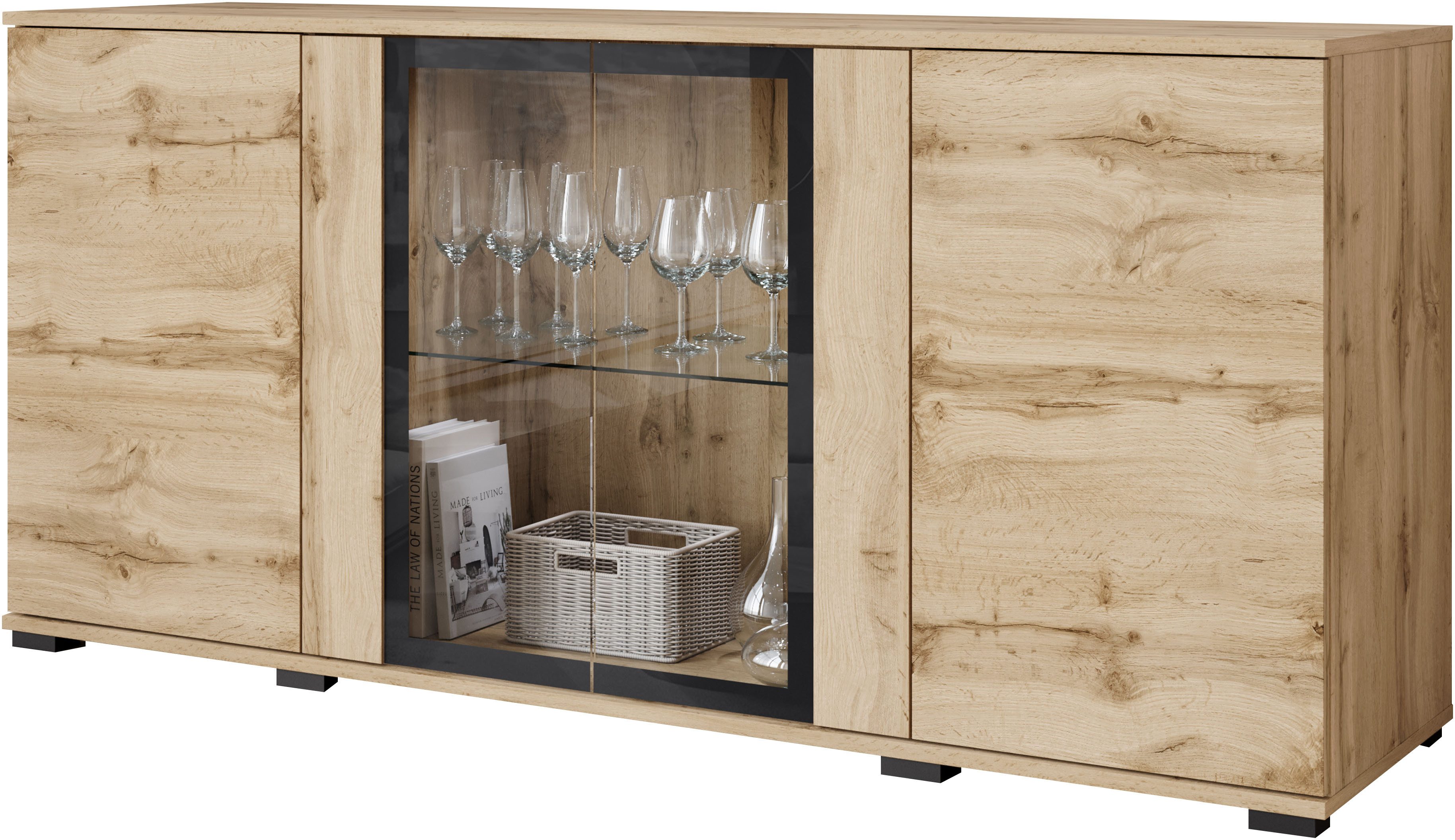 Home affaire Sideboard Caro, modernes Design mit Glaseinsätzen, Breite 150 cm (1 St), Grifflose Fronten mit Push-to-Open, höhenverstellbare Einlegeböden