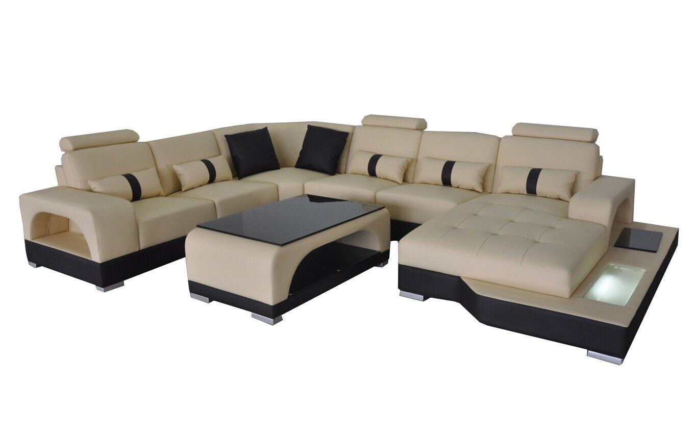 JVmoebel Ecksofa Leder Sofa Moderne Couch Wohnlandschaft+Tisch Eck Couchen Sitz mit USB, 2 Teile Beige