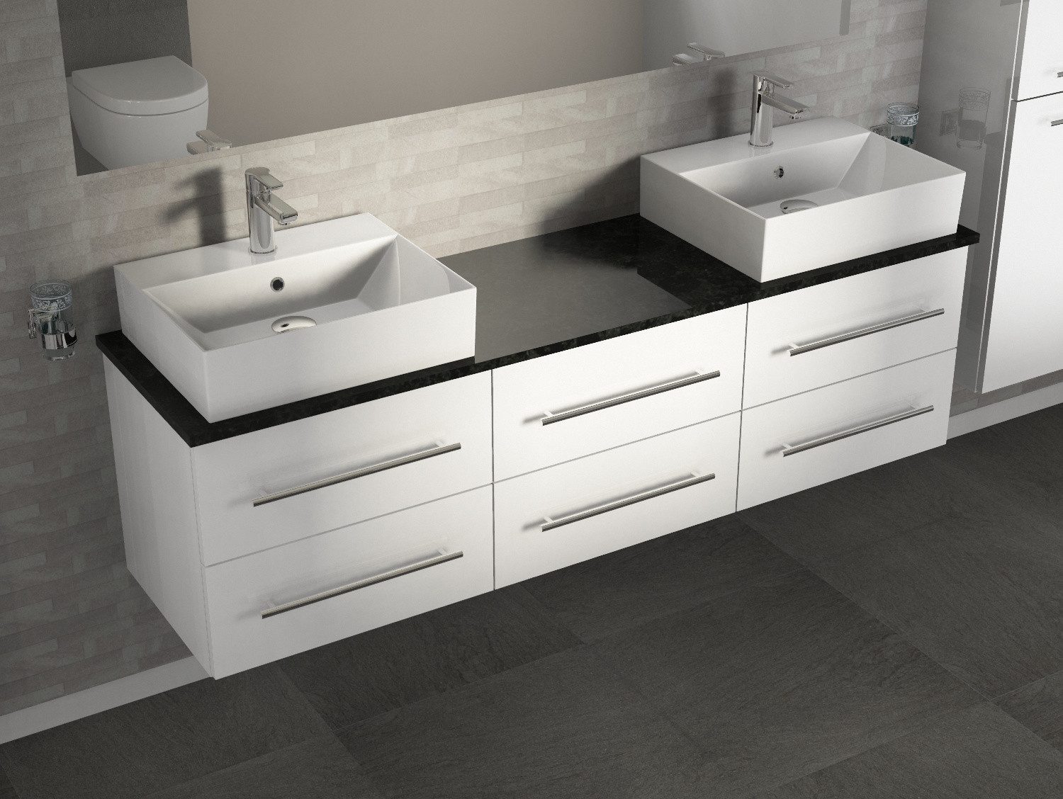 Aqua Bagno Badmöbel-Set Badmöbel-Set 173 cm Weiß Hochglanz mit Doppelwaschbecken & Naturstein, (6-St., Badmöbelschrank mit Trägerplatte, Waschbecken), einfache Montage