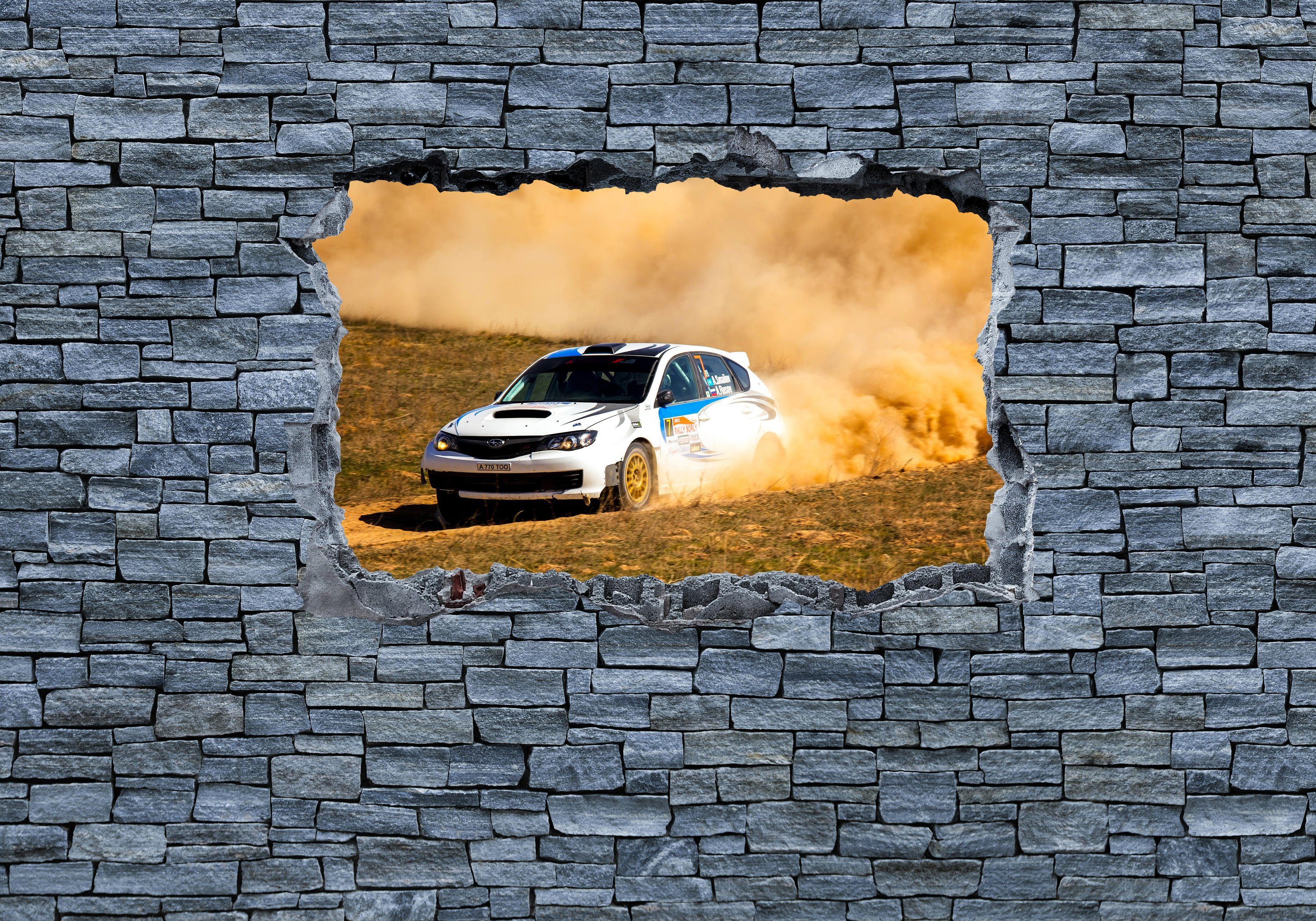wandmotiv24 Fototapete 3D Rallye Auto - grobe Steinmauer, glatt, Wandtapete, Motivtapete, matt, Vliestapete