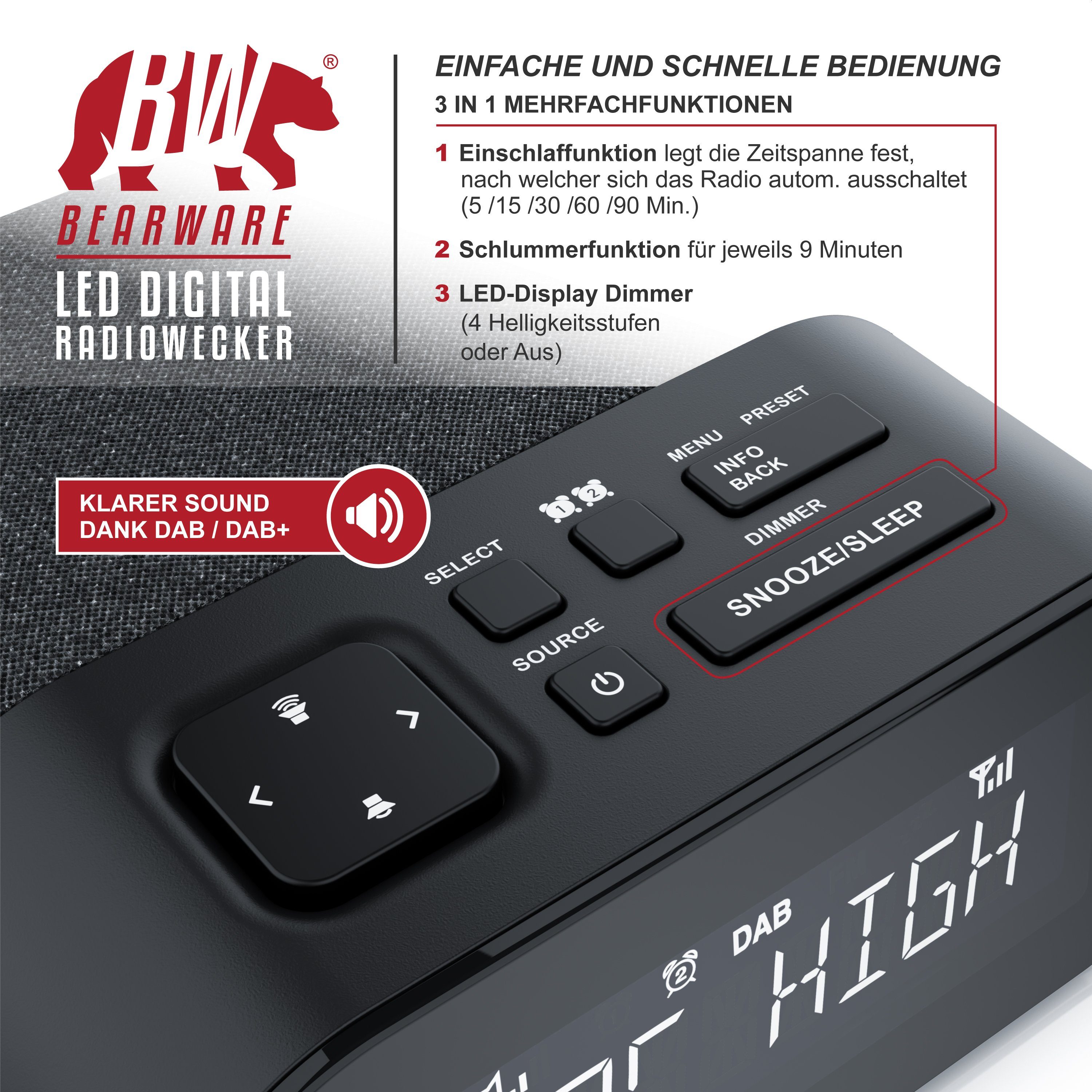 DAB + & Radiowecker BEARWARE digital, 4 Küchenradio Helligkeitsstufen Radio, Wecker, FM