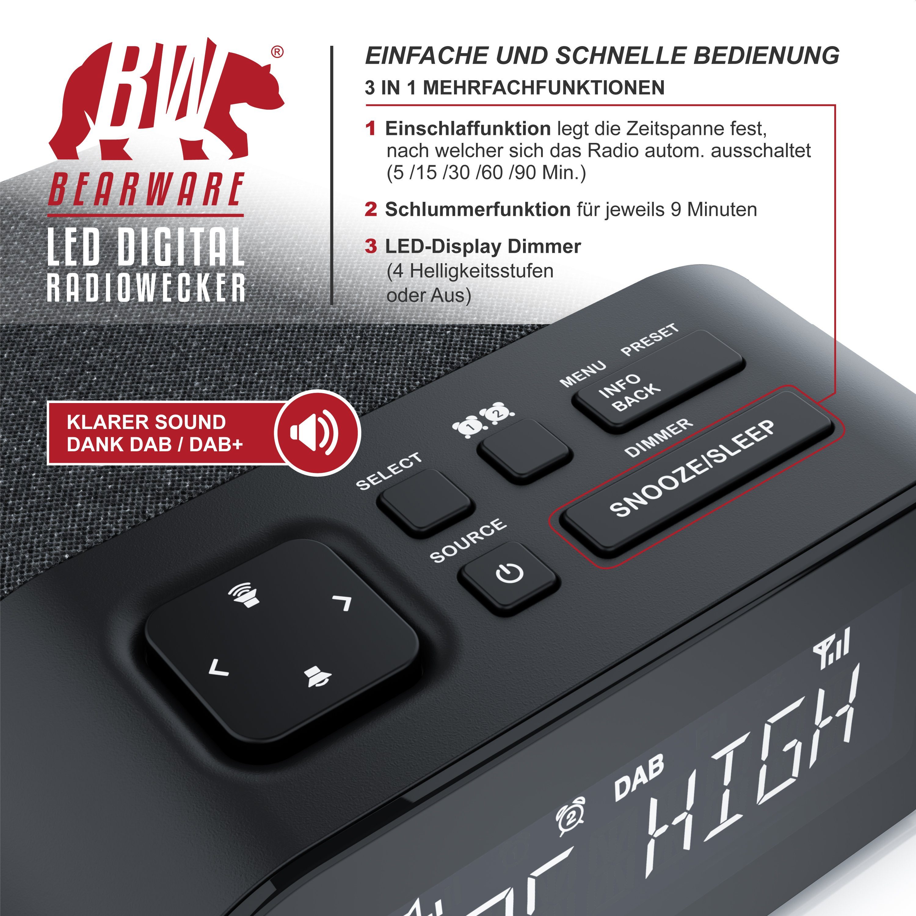 BEARWARE Radiowecker Küchenradio digital, FM, DAB+ Radio, Wecker, Dual Alarm Snooze, 4 Helligkeitsstufen, USB Ladeport, Abschalttimer