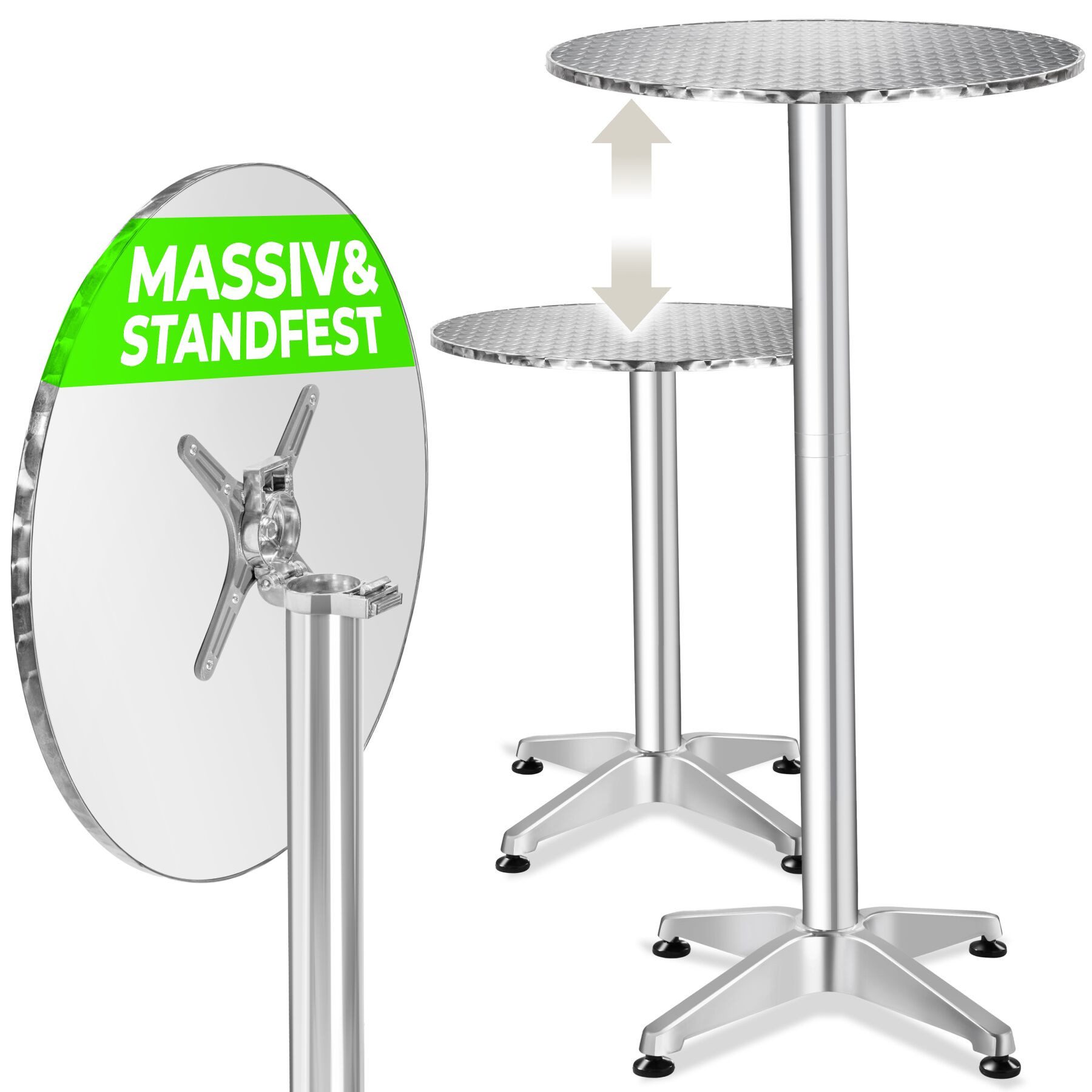 tectake Bistrotisch 2in1 Stehtisch aus Aluminium, klappbar, wetterfest, 2 Aufbauhöhen (Terrassentisch Viktor, 1-St., in Silber), Zementsockel für hohe Stabilität, pflegeleicht, bis 60 kg belastbar