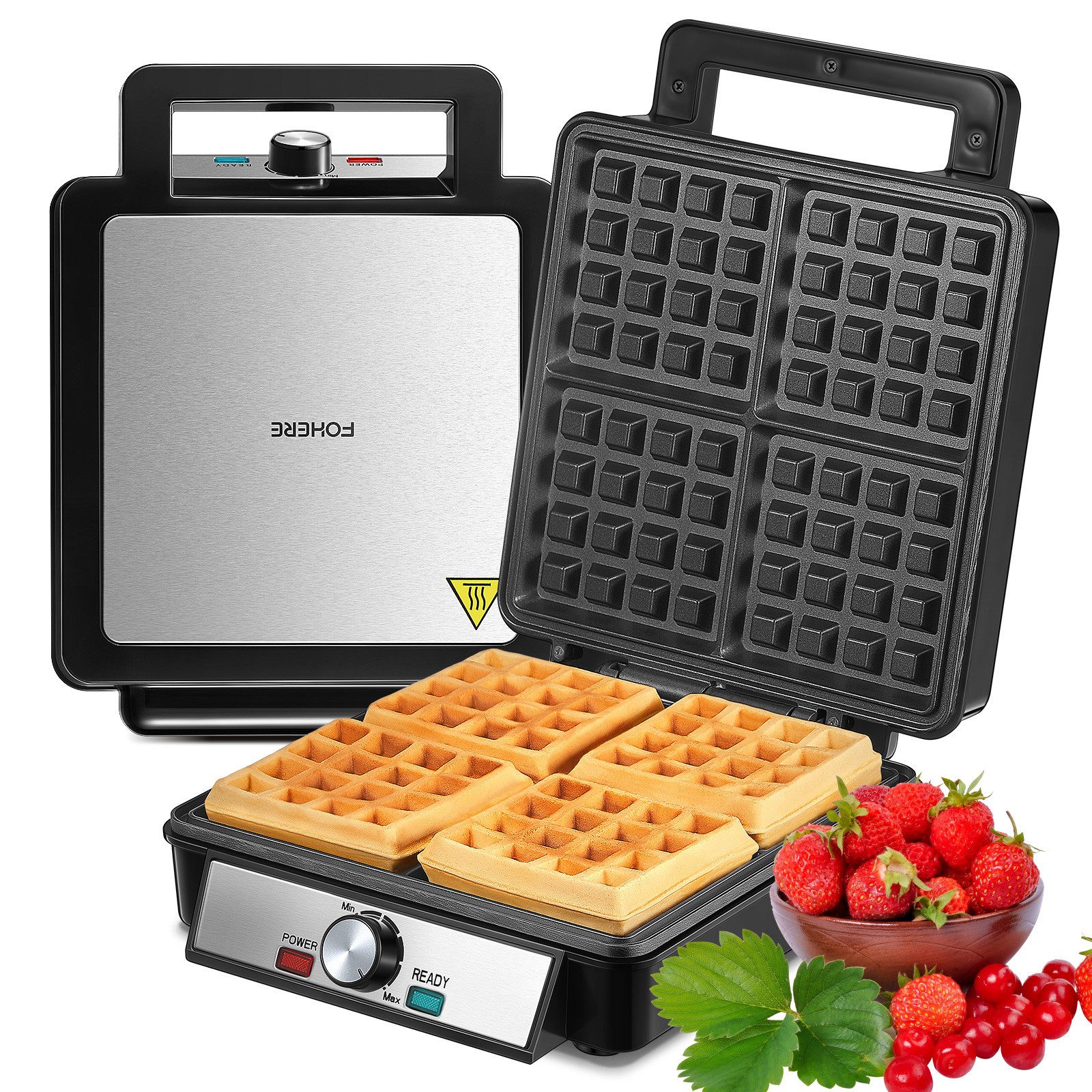FOHERE Waffeleisen 1200 W Belgisches Waffeleisen für 4 Scheiben, 1200 W, Antihaftbeschichtung, Bräunungskontrolle, Schwarz, Edelstahl