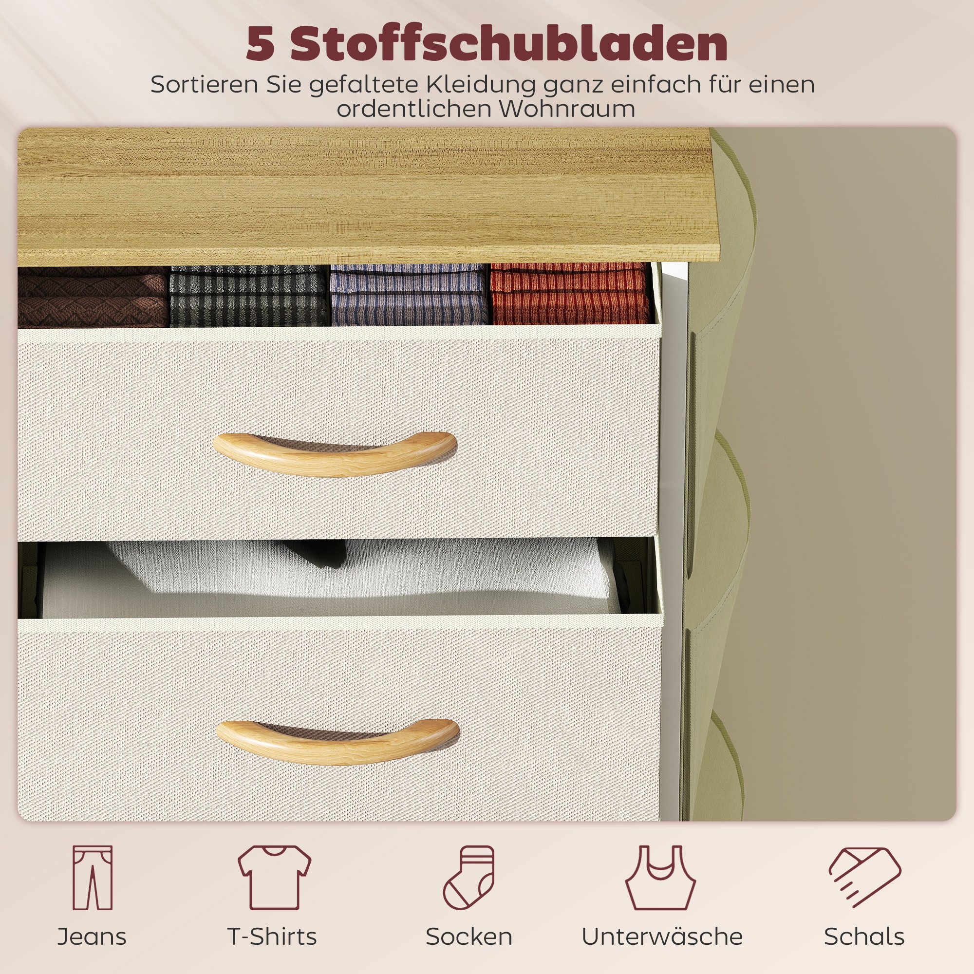 HOMCOM Kommode Aufbewahrungsschrank mit Haken, Stahlrahmen, Sideboard (Schrank, 1 St., Schubladenschrank), Kippsicherung, verstellbare Füße, mit Taschen – Bild 4 von 5