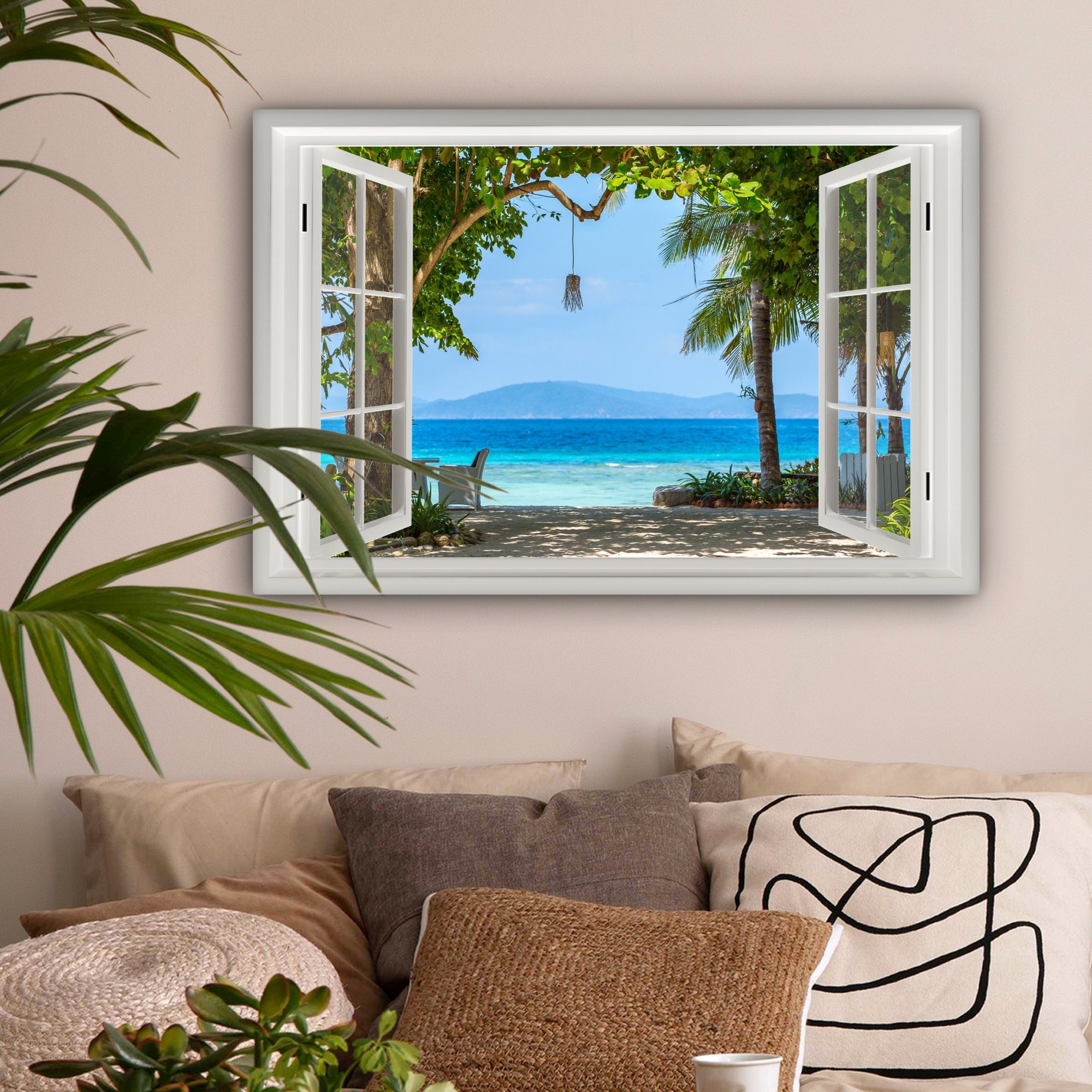 OneMillionCanvasses® Leinwandbild Aussicht - Baum - Meer - Palme - Hügel - Strand - Blau, Fotodruck (1 St), Leinwände Wanddeko Wohnzimmer Schlafzimmer 60x40 cm