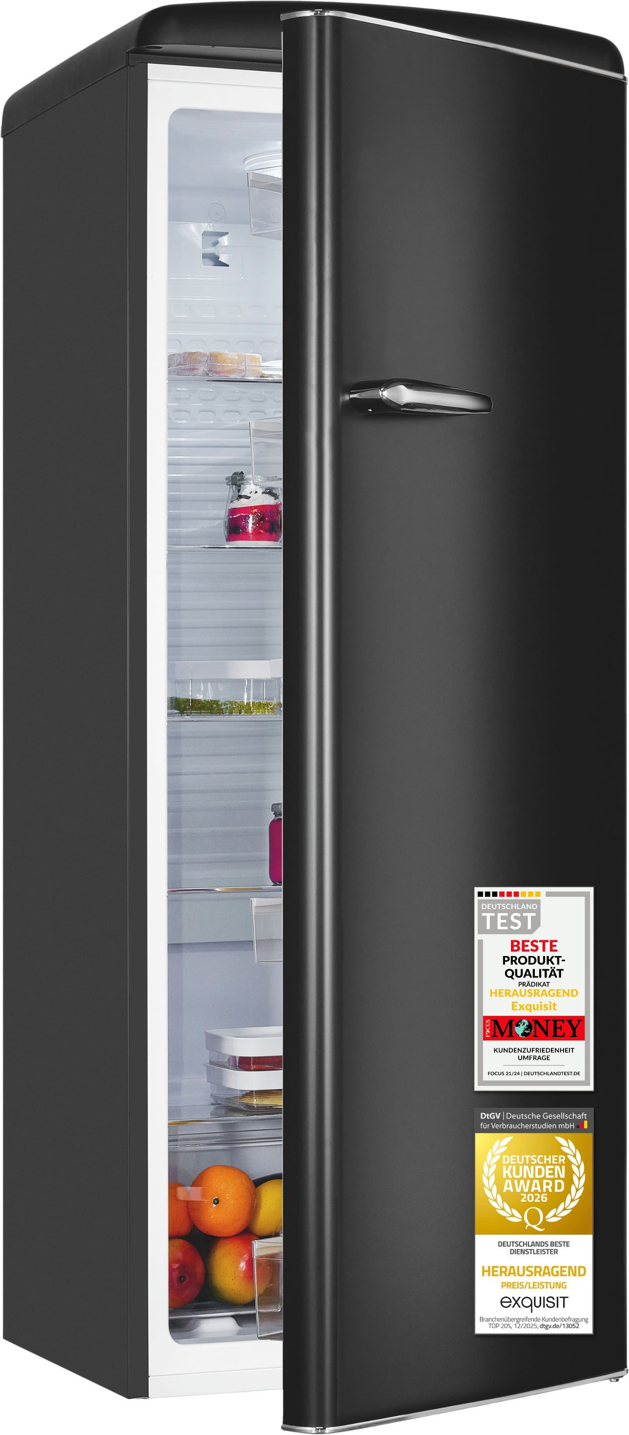 exquisit Kühlschrank RKS325-V-H-160C mattschwarz, 146,5 cm hoch, 54,5 cm breit, LED-Beleuchtung, verstellbare Glasböden, Retro-Design