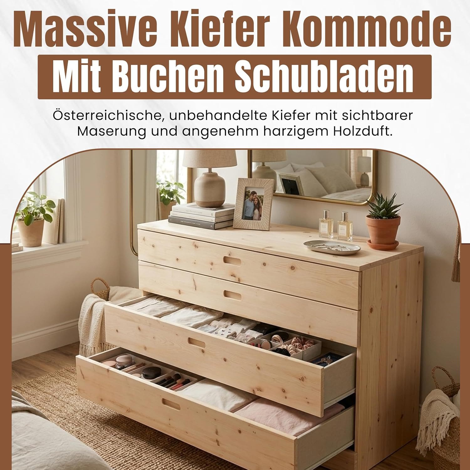 geborgenschlafen Schubkastenkommode Zirbe Massivholzkommode, Zirbenkommode – Holzkommode, Schubladen mit Soft-Close & Griffmulden, Handgefertigt in Deutschland