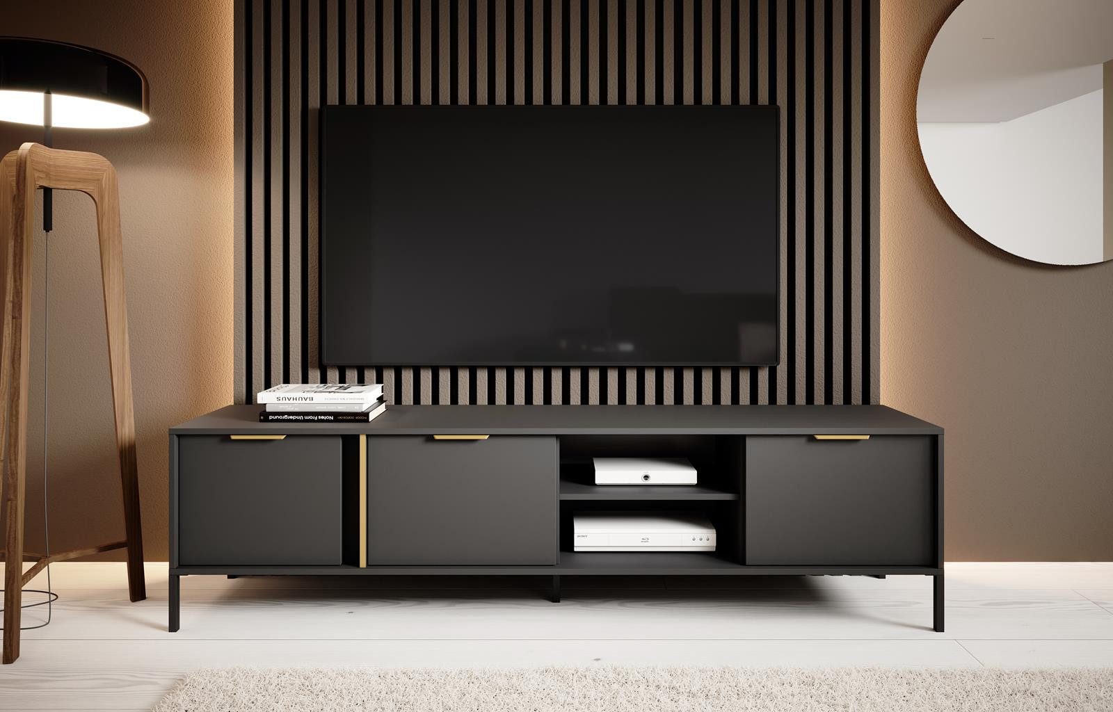 Compleo TV-Schrank mit golden Griffe, Möbelfarbe: Anthrazit, Glamour-Stil NATALA