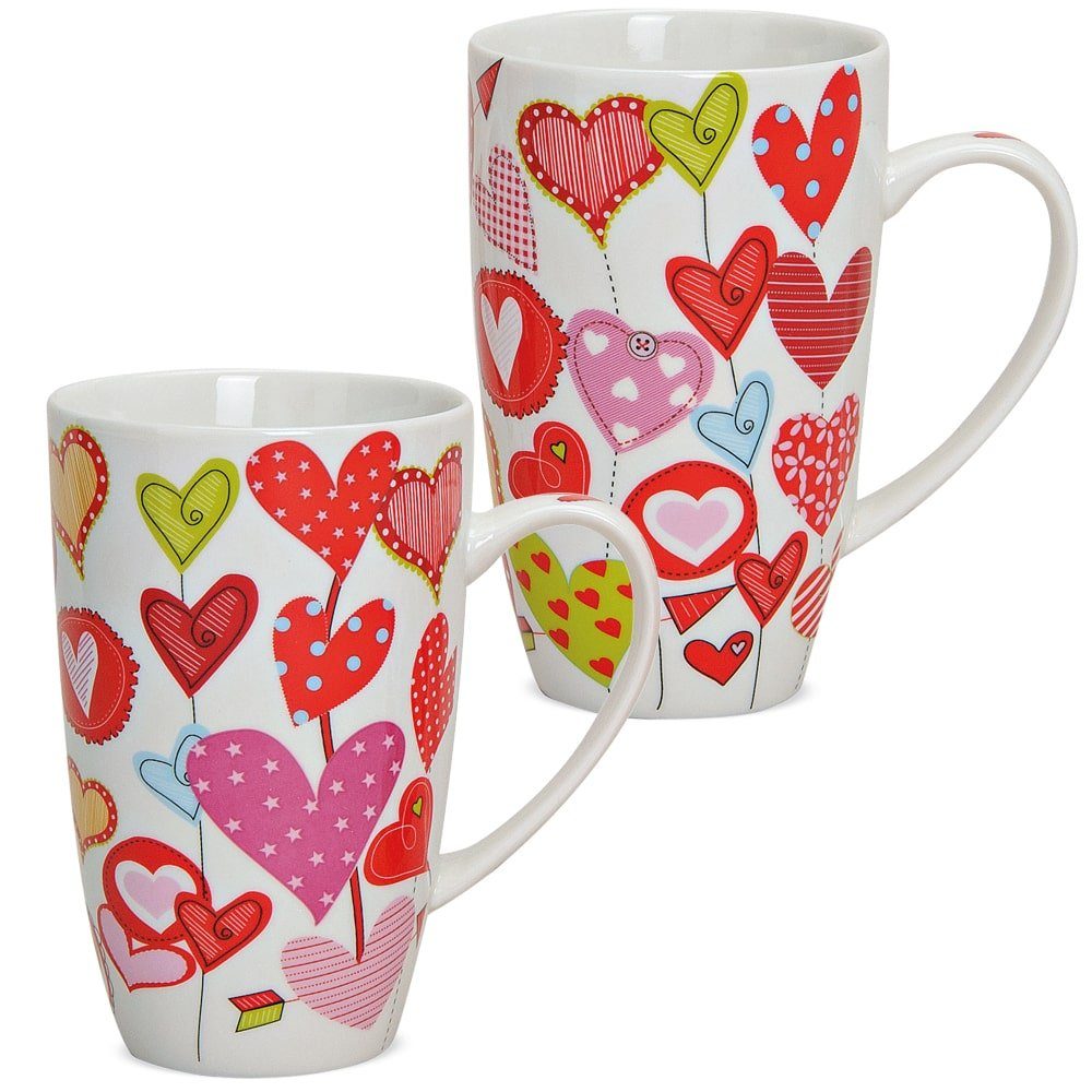 matches21 HOME & HOBBY Tasse Кофейные чашки 2er Set Herzen Ballons Liebe schlank 13 cm, Porzellan, Tee, Kaffee-Becher, modern, rot weiss bunt, 300 ml